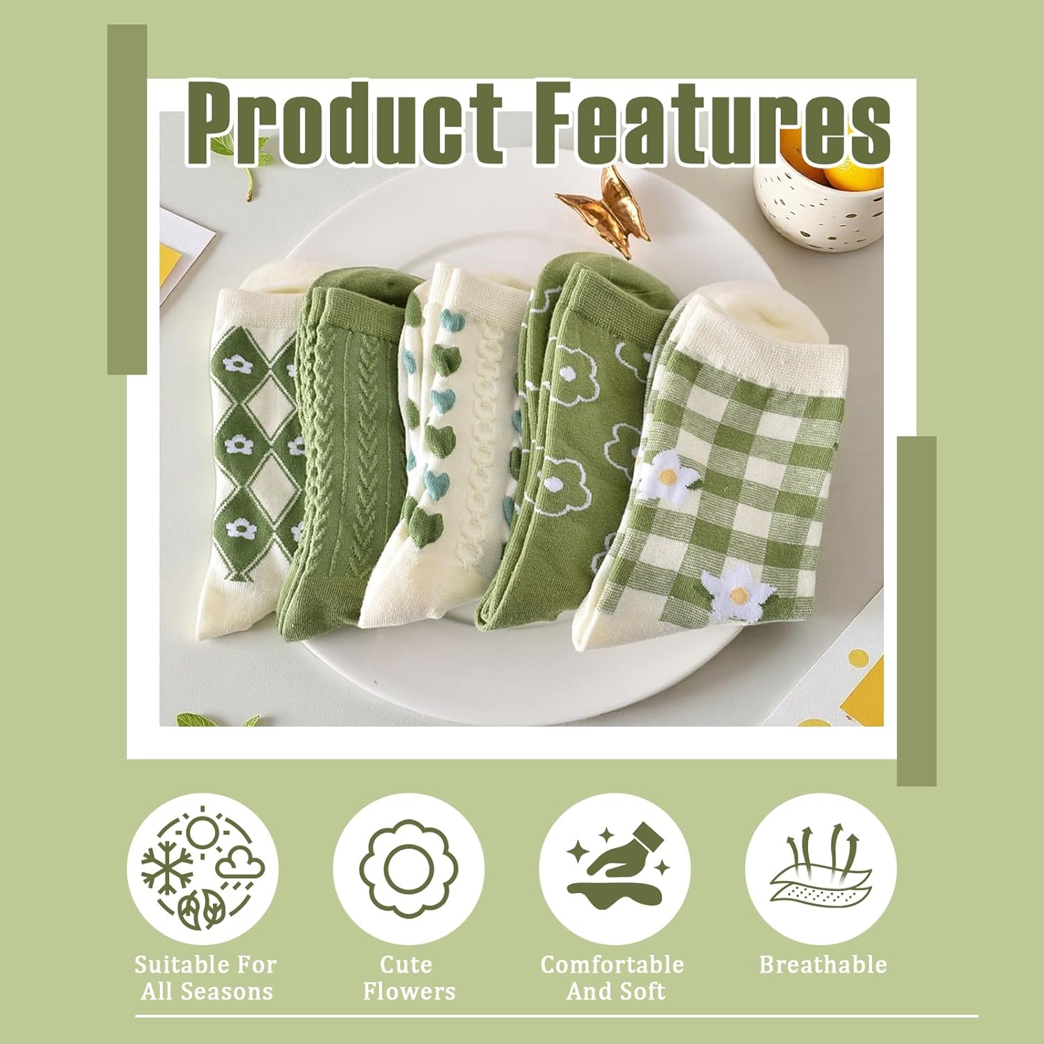 5 Pairs Floral Socks for Women Cute Embroidered Flower Crew Sock Cottagecore Frilly Vintage Fancy Cotton Socks - Image 4