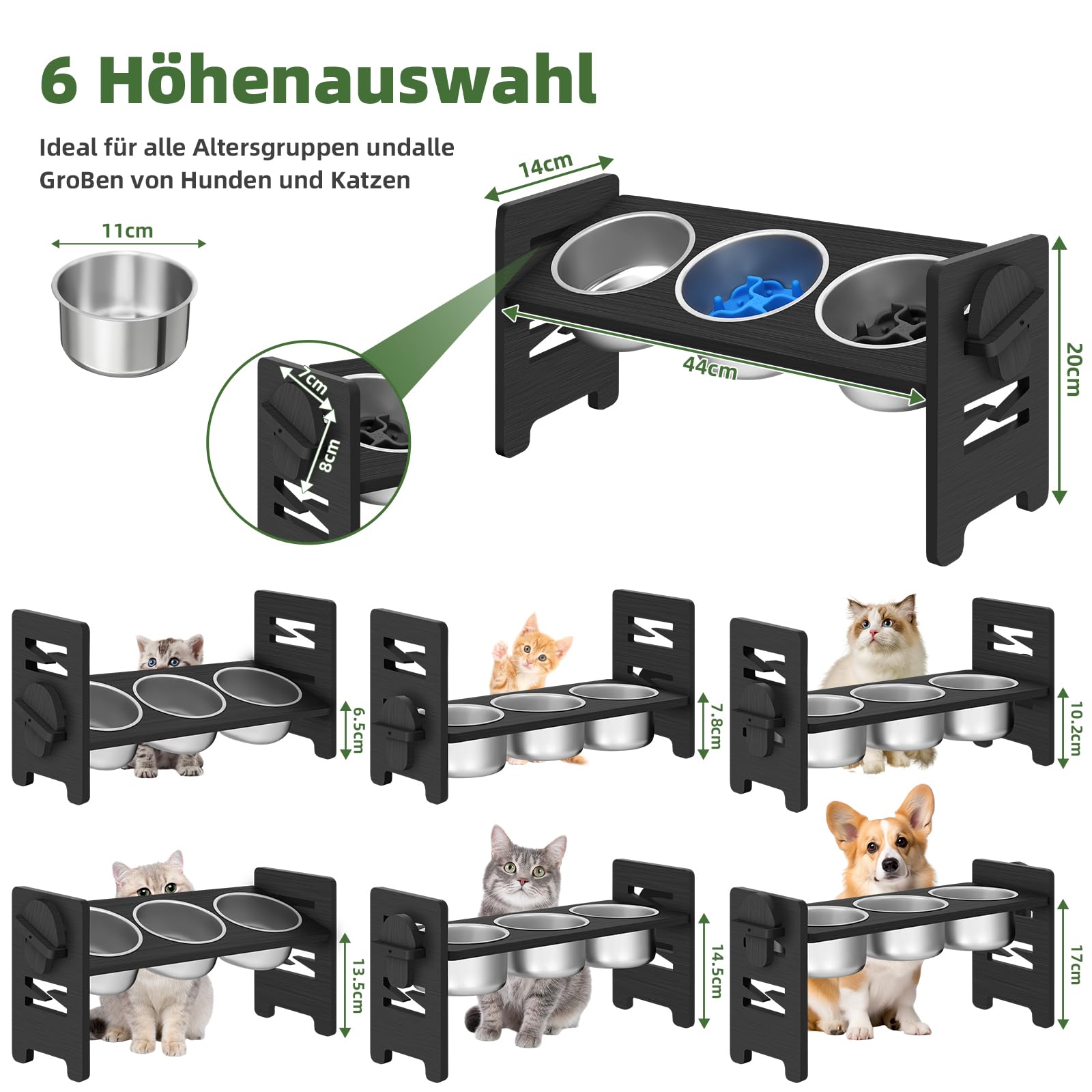 Mittimiya 3-teiliges Set Höhenverstellbar Katzennapf Erhöht, Erhöhter Futternapf Katze aus Bambus mit Edelstahl Näpfe für Wasser Futter, Futterstation Katze für Kleine Hunde und Katzen(Schwarz)