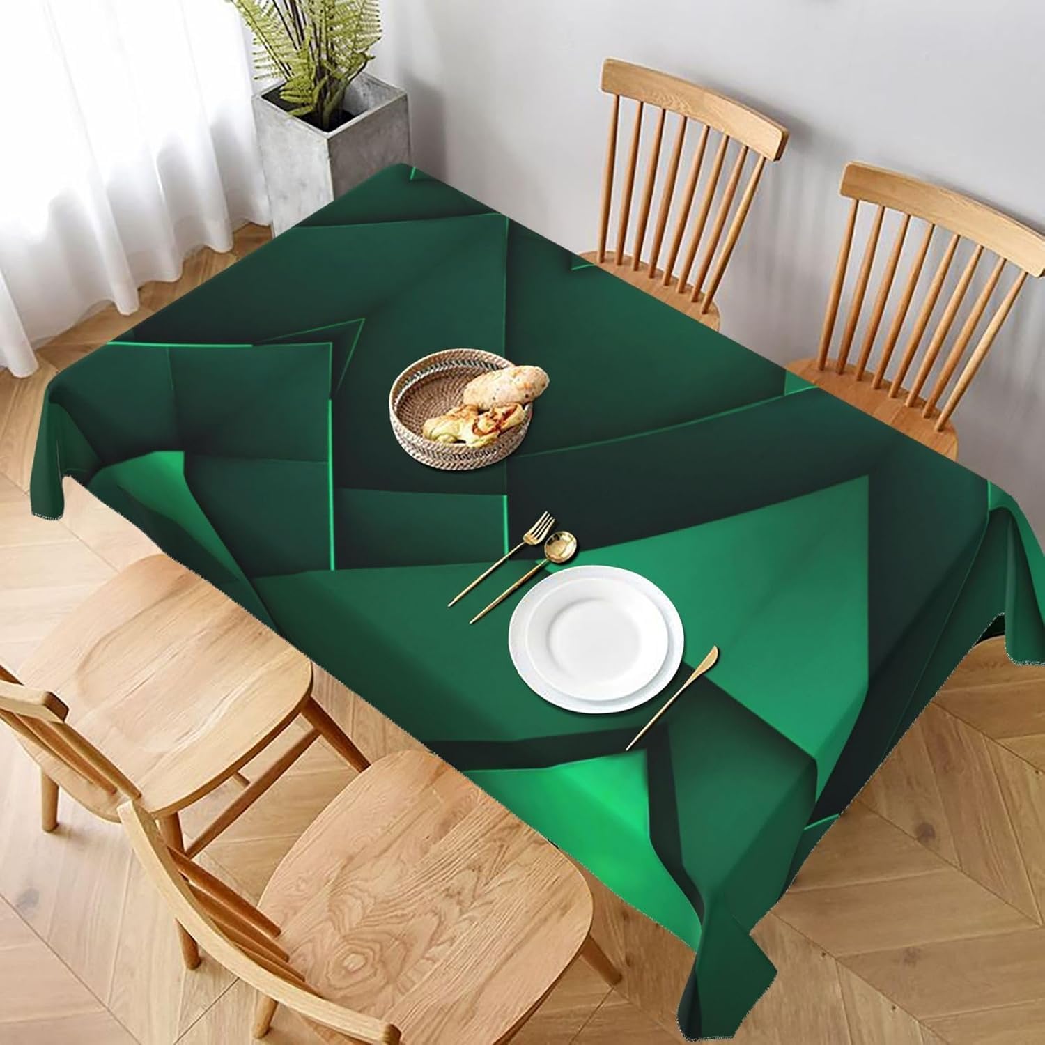 Prostokątny obrus 140 x 300 cm zielona geometria, tkanina poliestrowa odporna na plamy i zmywalna, ochraniacz stołu dla 8-10 osób, do użytku w kuchni, salonie, wewnątrz i na zewnątrz 5718v
