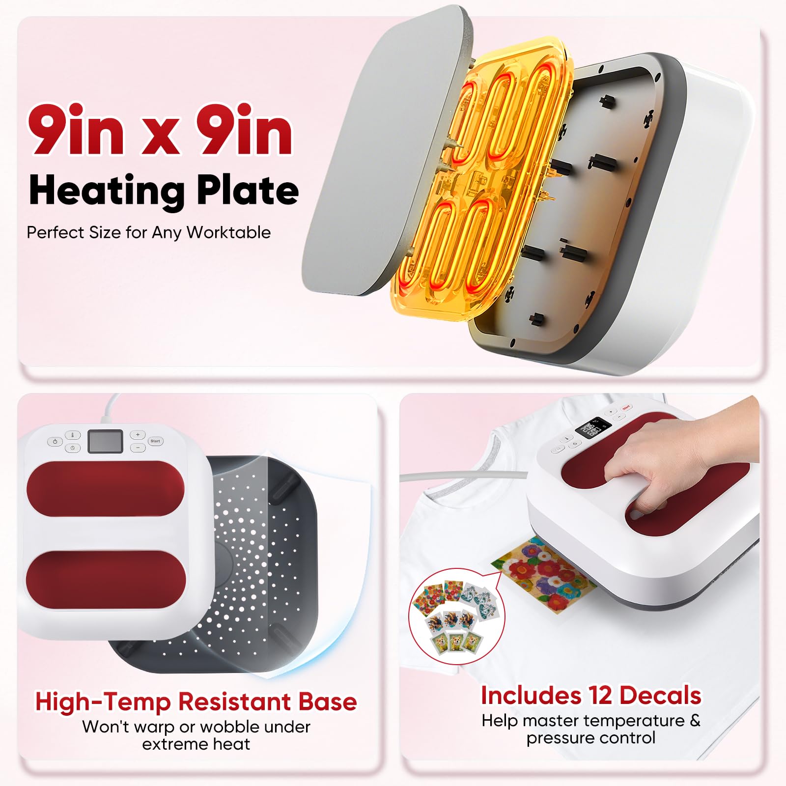 Pressa a Caldo per Tessuti, Pressa a Caldo Portatile con Timer e Controllo Della Temperatura (100-205 °C), Trasferimento Rapido di Tessuti, Include 12 Adesivi, 22,5x22,5CM(9 x 9 pollici)