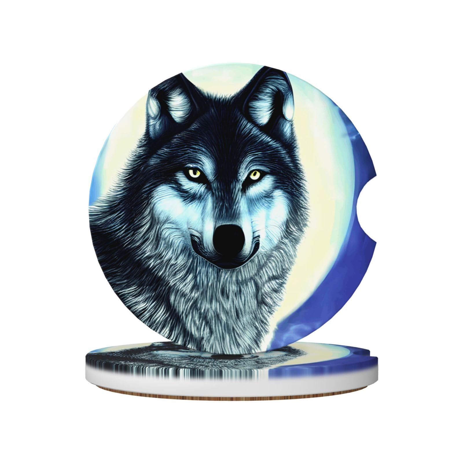 Wolf Under Moon Printed Ceramic Car Cup Coasters (2 Pack), Suitable for car Cup Holders, 2.56 inch Diameter