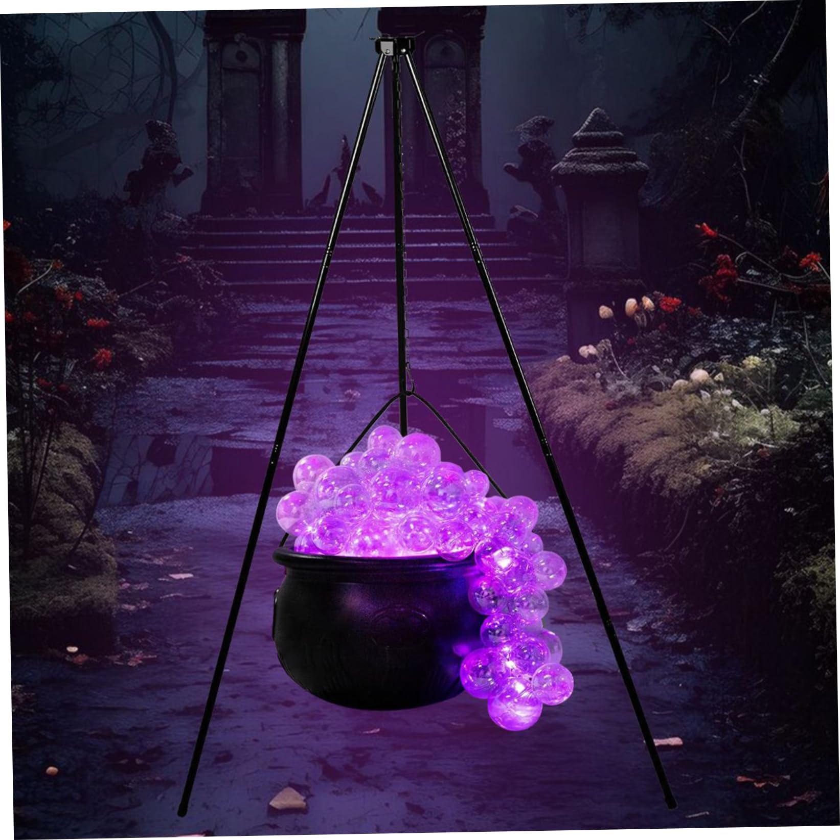 StaZamor 7.68 Inch LED Bubbling Black Witch Cauldron with 30 Inch Tripod & 30 Clear Balls, Halloween Decoration for Party Yard Porch, Spooky Candy Bowl