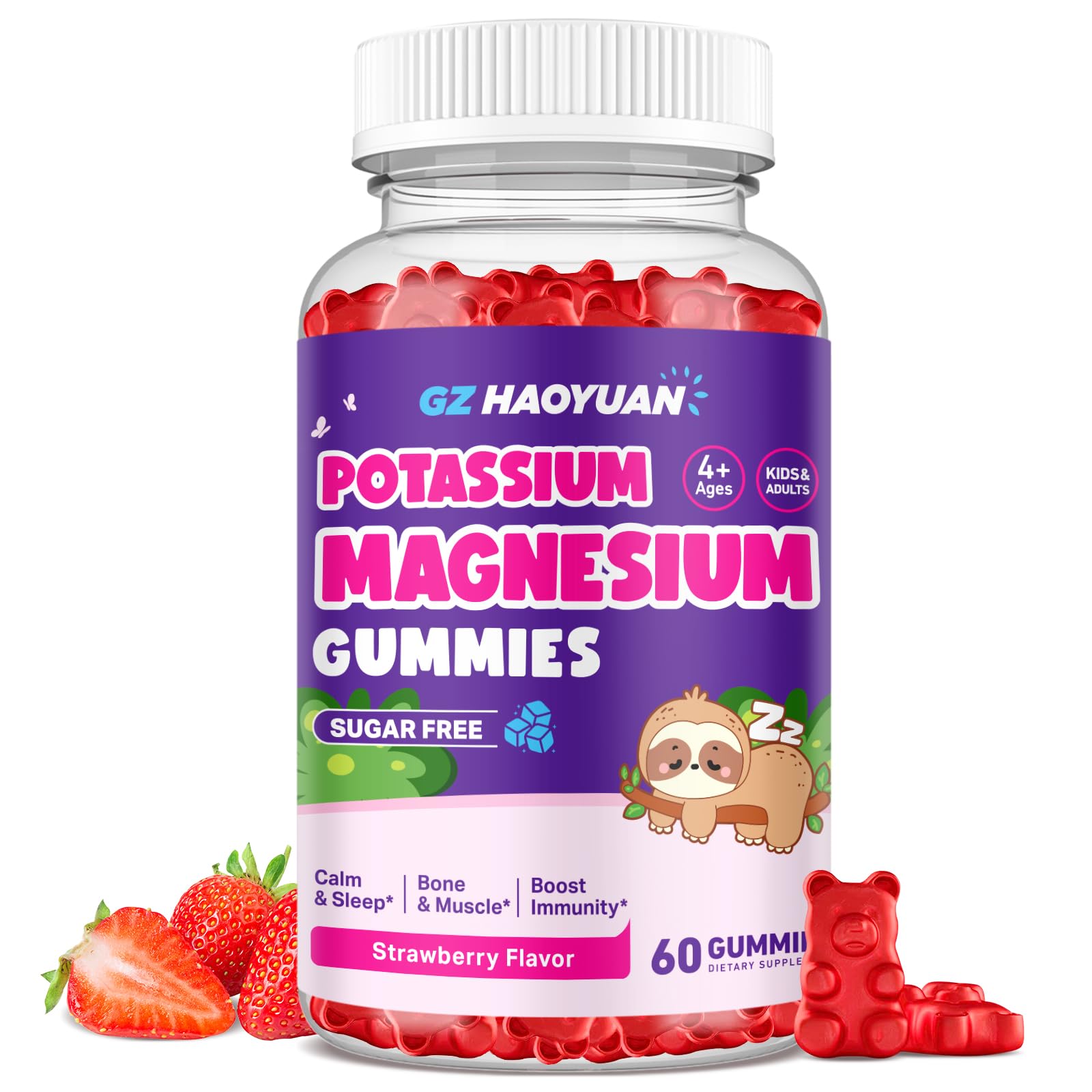 Magnesium Gummies for Kids - Magnesium Glycinate Gummies with Vitamin D3, B6, Potassium & Ashwagandha, Magnesium for Kids & Adults Relaxation, Sleep, Brain & Bone Health -Vegan Strawberry 60ct Strawberry 60 Count (Pack of 1)