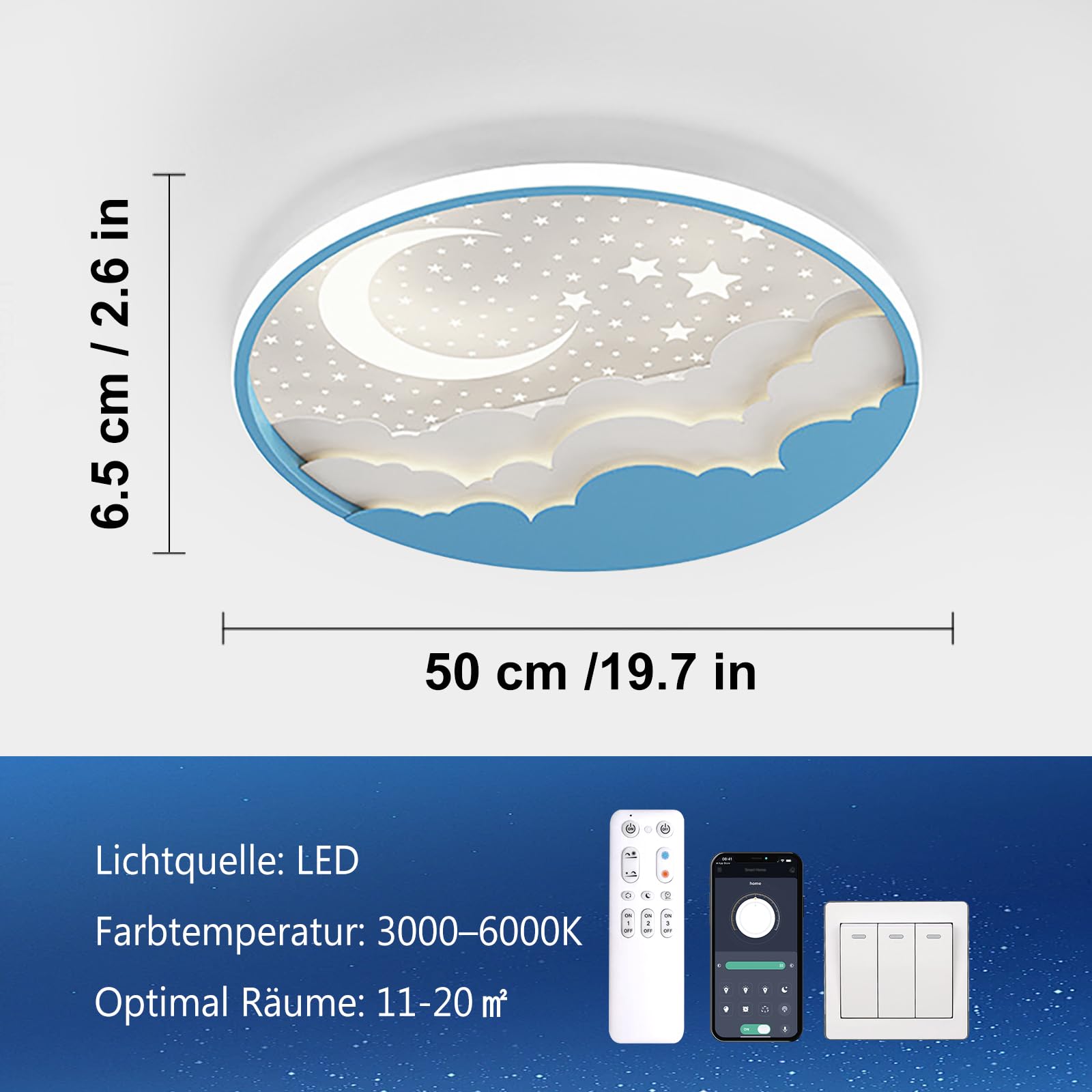 YZBEIMDAI Lampada da soffitto a LED per bambini, 50cm Stella Luna Plafoniera Cameretta Bambini Dimmerabile con Telecomando APP, 3000-6000K, Per Ragazzi Ragazze Cameretta