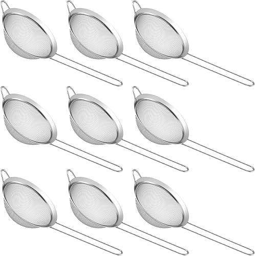 9 paquetes de colador de malla fina de acero inoxidable, colador pequeño para cóctel y té con asa para café, jugo, azúcar en polvo, 8.8 x 3.9