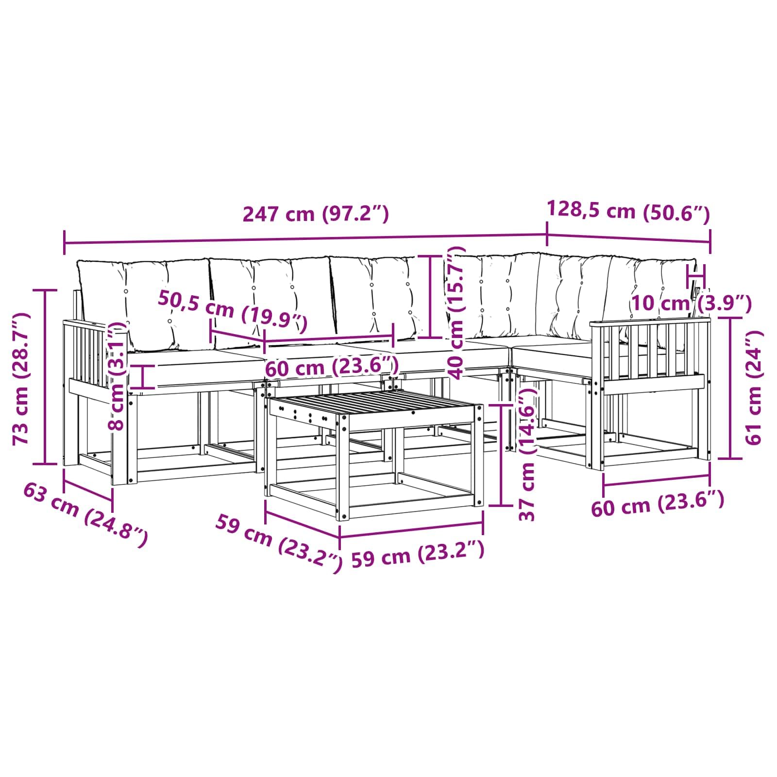 Outdoor-Sofagarnitur 6-teilig mit Kissen aus massivem Akazienholz und beige Textilene, wetterfestes Gartenmöbel-Set mit Tisch, bequemer Sitzgruppe für Terrasse und Poolbereich