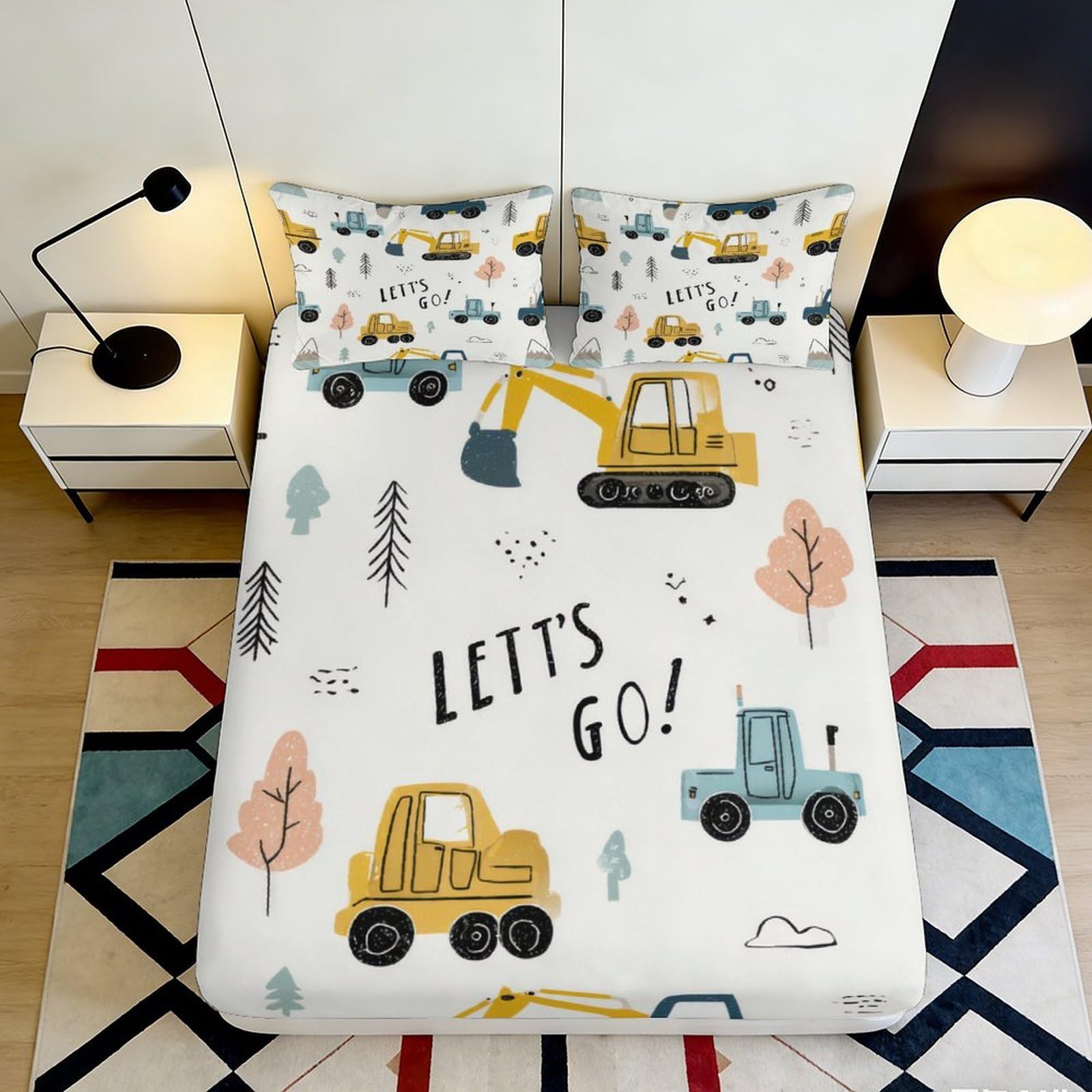 3D Printed Construction Vehicles Fitted Sheet Microfiber Soft Breathable Excavator Truck Bed Cover for Bedroom Dorm Room Decor 180x200x25cm