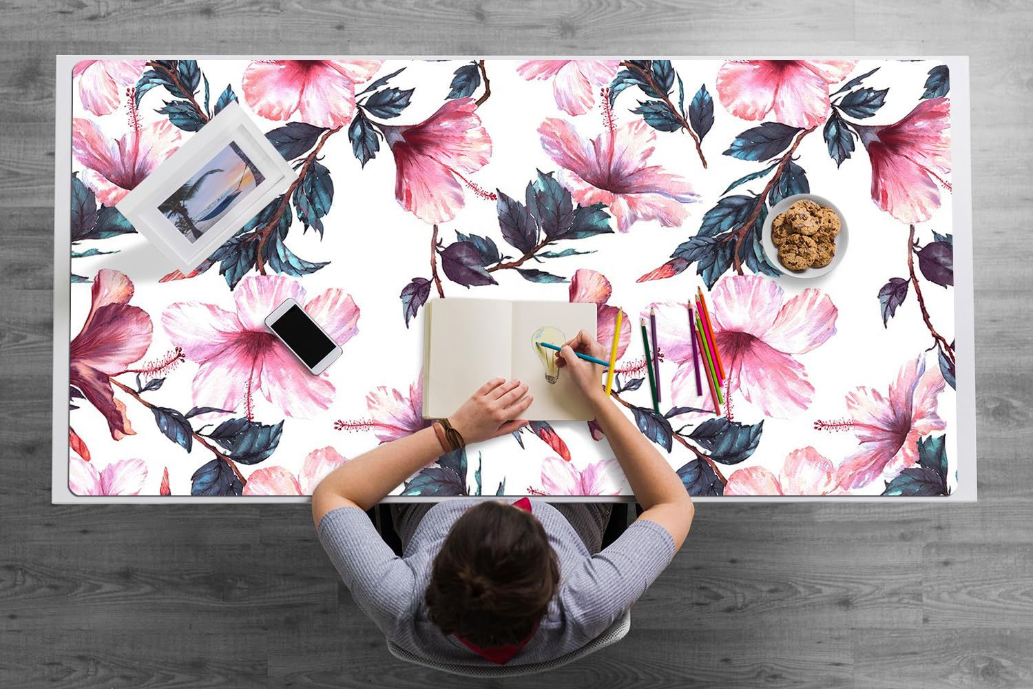 Sottomano da Scrivania 120x60 cm Antiscivolo per Ufficio e Casa Facile da Pulire Impermeabile Superficie Protettiva Protezione e Decorazione in Vinile PVC - fiori di ibisco