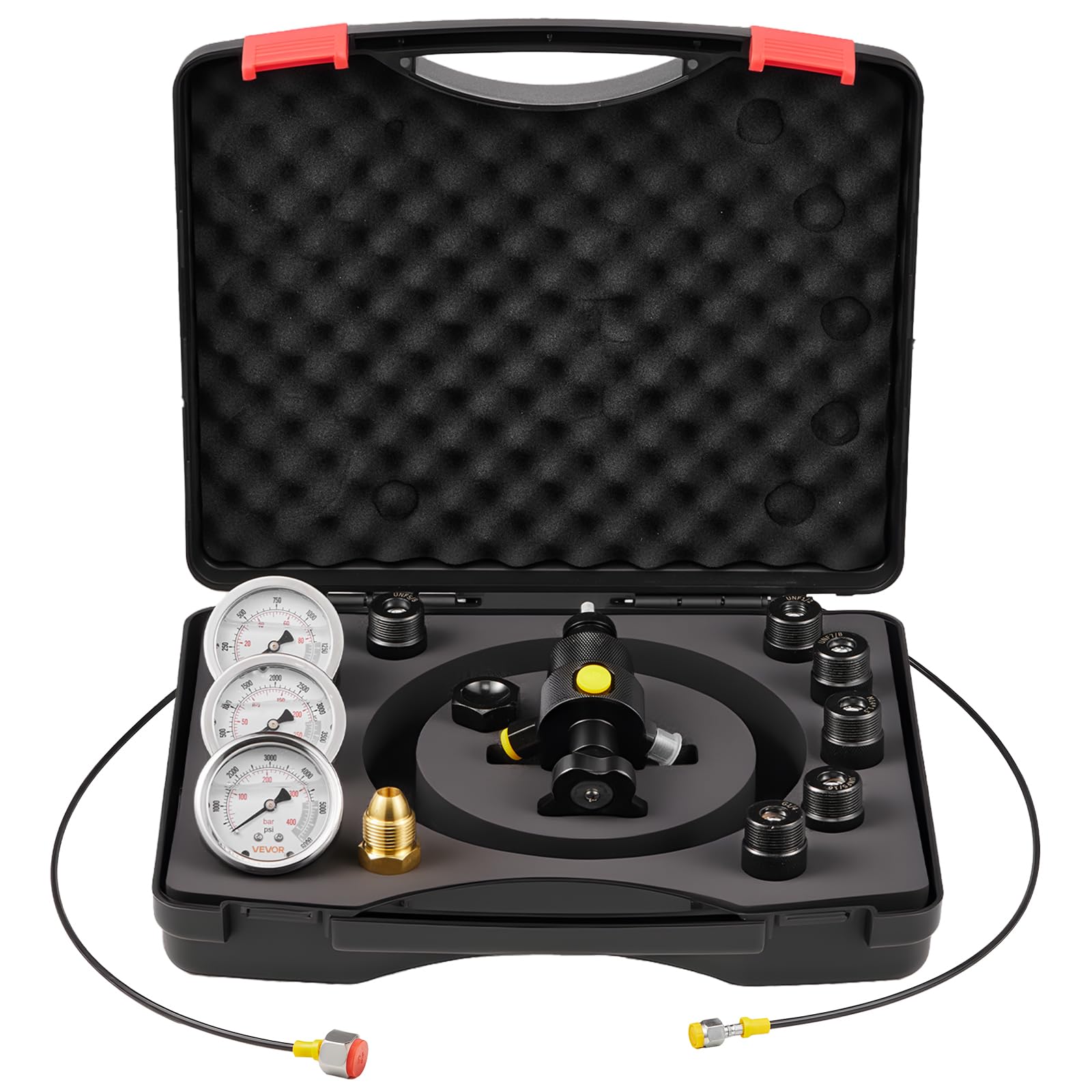 VEVOR Kit di Ricarica dell'Accumulatore di Azoto Idraulico, Sistema di Prova della Pressione con 3 Manometri 1500, 4000, 6000 PSI, 6 Adattatori, 1 Tubo del Gas, 1 Valvola, 1 Adattatore CGA580