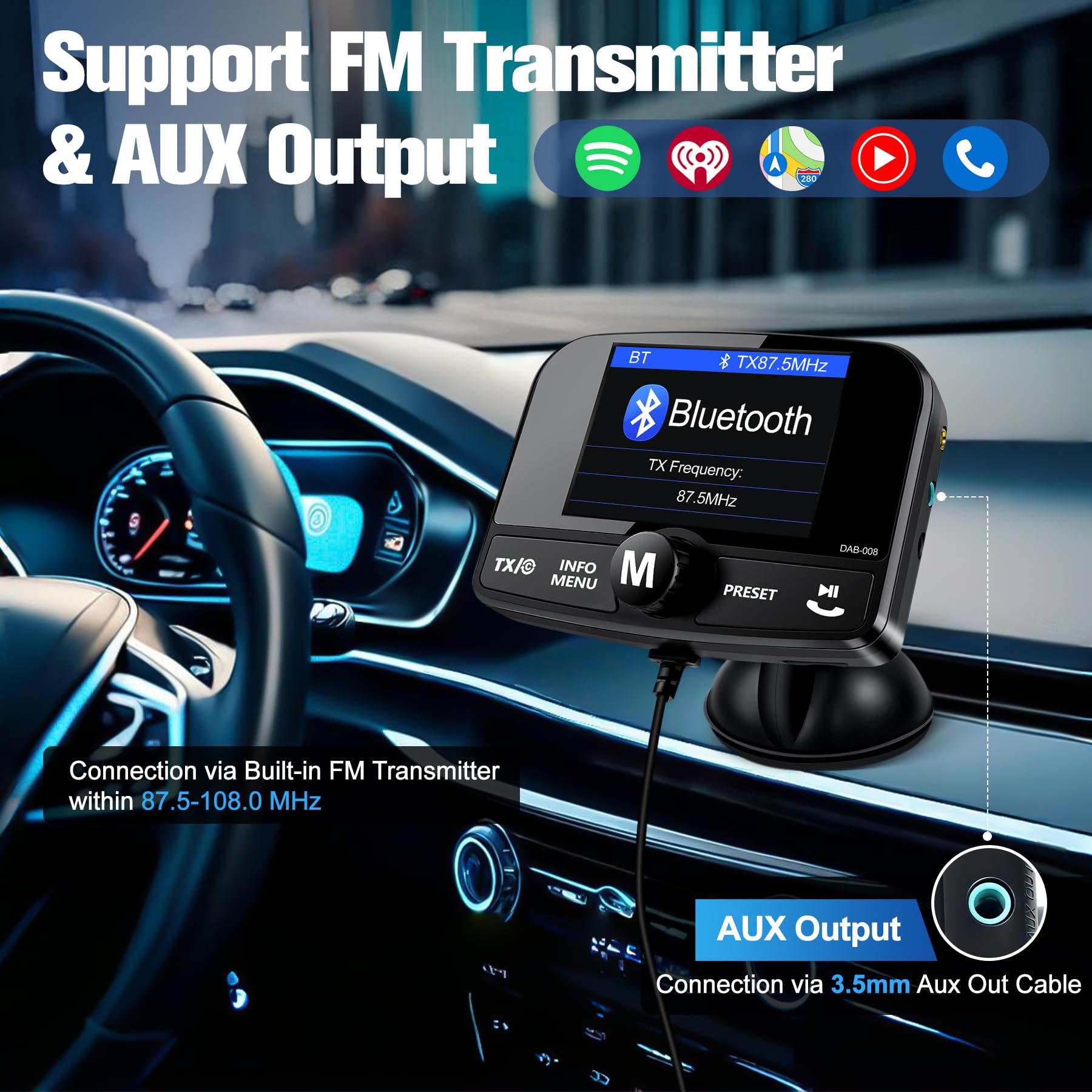 LanBlu DAB Adapter für Autoradio, DAB Adapter Stereoanlage 6.1cm Buntes Display, FM Transmitter DAB+ für Autoradio mit Bluetooth Freisprecheinrichtung, DAB+ Adapte Empfänger Musikplayer+Aux In/Out