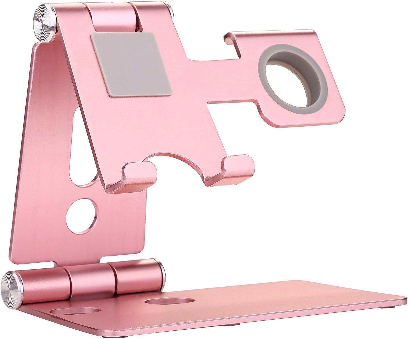 Universal 2 in 1 Aluminium Portable Phone Holder Collapsible Desktop Charging Stand Phone Bracket for Apple iWatch Smartphone and Tablets Up to 7-Inch Rose Gold