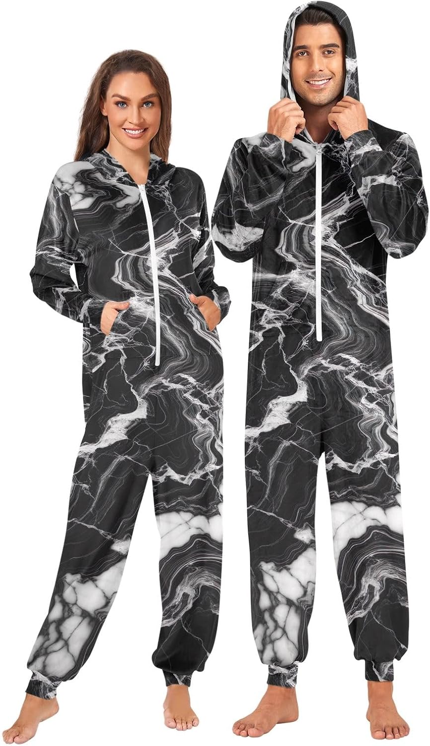GAIREG Black Marble White Veins Adult Onesie Pajamas, Soft Hooded One Piece Loungewear for Men Women