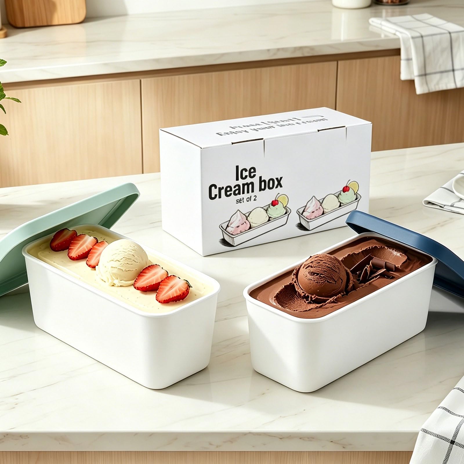 Contenitori per congelatore da 1 litro per gelato, set da 2 pezzi, contenitore per ghiaccio fatto in casa, contenitore per congelatore con coperchio, impilabile, contenitore per gelato, gelato, gelato