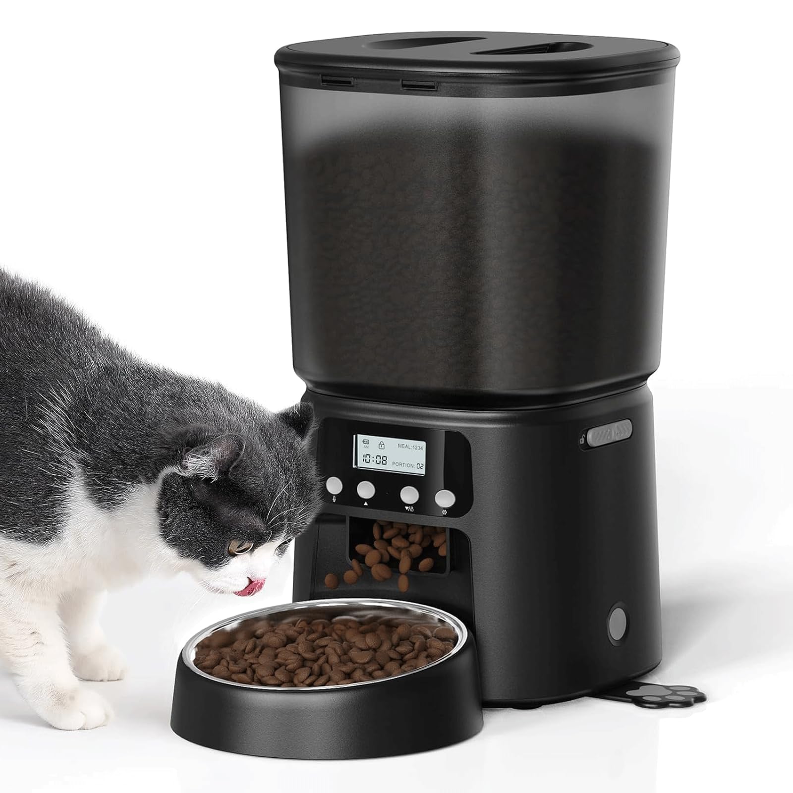 Automatic Cat Feeder, 4L/16Cups Cat Food Dispenser with Stainless Steel Bowl Programmable 30 Portions 6 Meals per Day, Timed Pet Feeder for Kitty Small Dogs with 10S Voice Record, Black