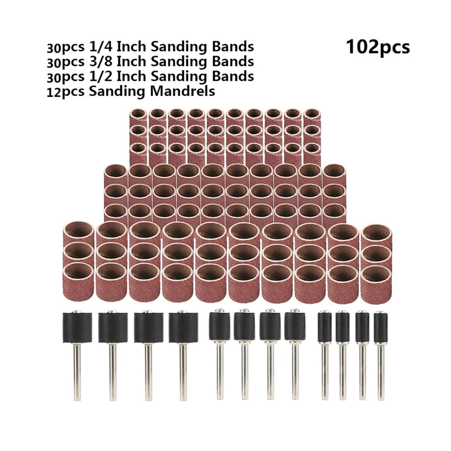 102/132pcs Sanding Drum Set 1/4 3/8 1/2 Inch Sanding Bands with Sanding Mandrels for Accessories(102pcs Set)