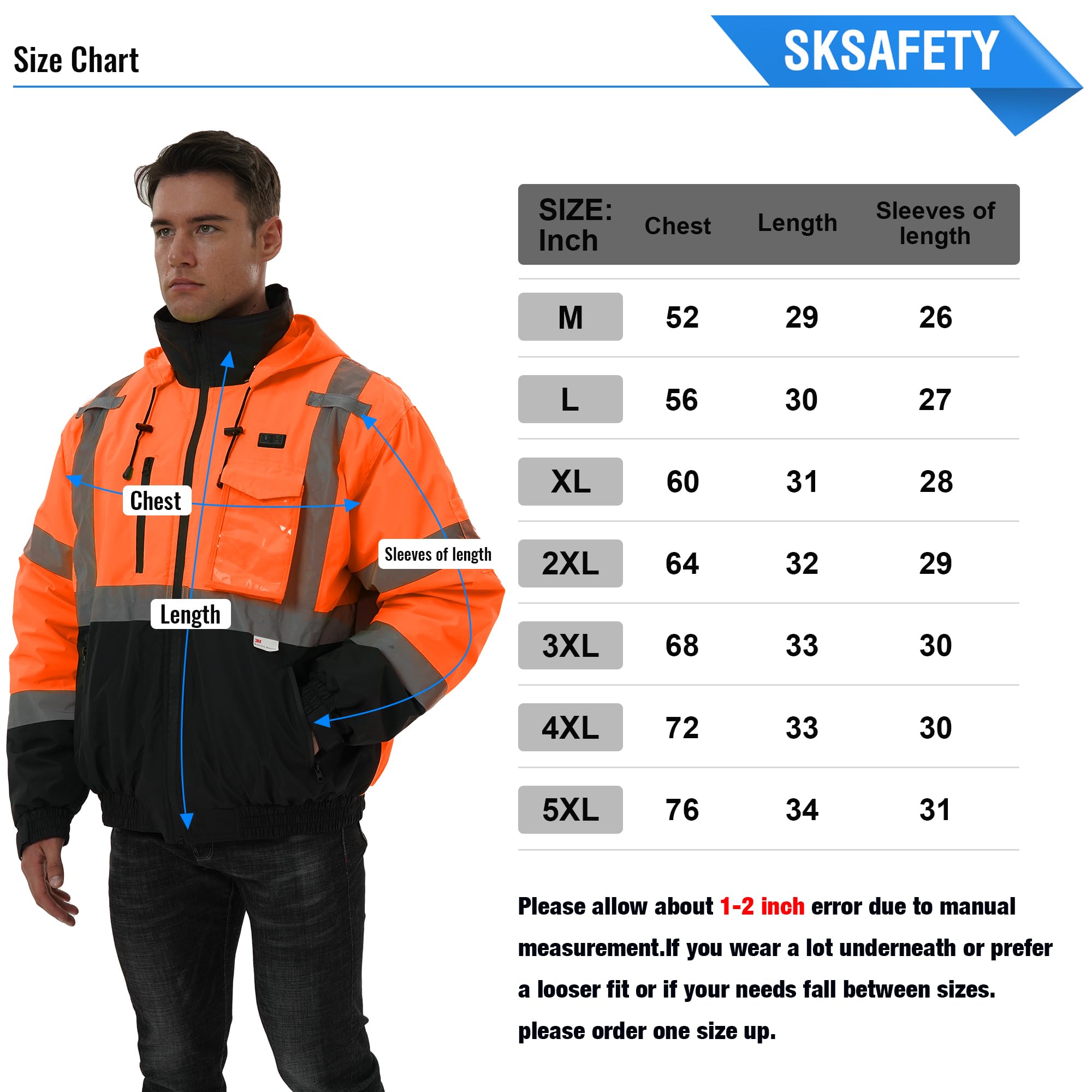 SKSAFETY Professional Level Heated Safety Bomber Jacket, Class 3 Hi-Vis Waterproof Coat, 3M Reflective Tape, Work Construction Coats for Cold Weather (Orange 2XL)