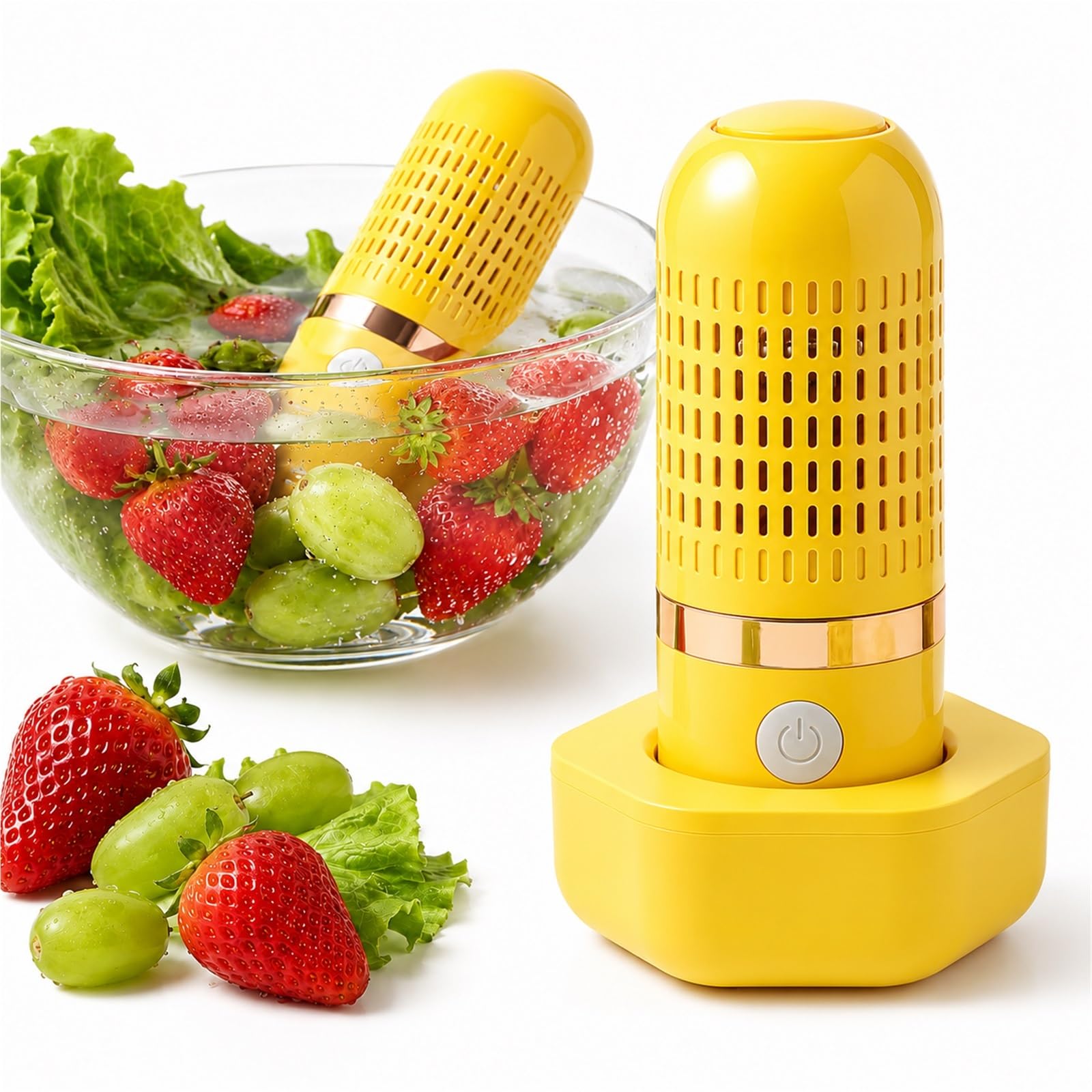 PurePod Fruit and Vegetable Cleaner Device Portable Produce Washer for Kitchen and Travel Waterproof USB Rechargeable Purifier for Meat Seafood and Bowls(Yellow)
