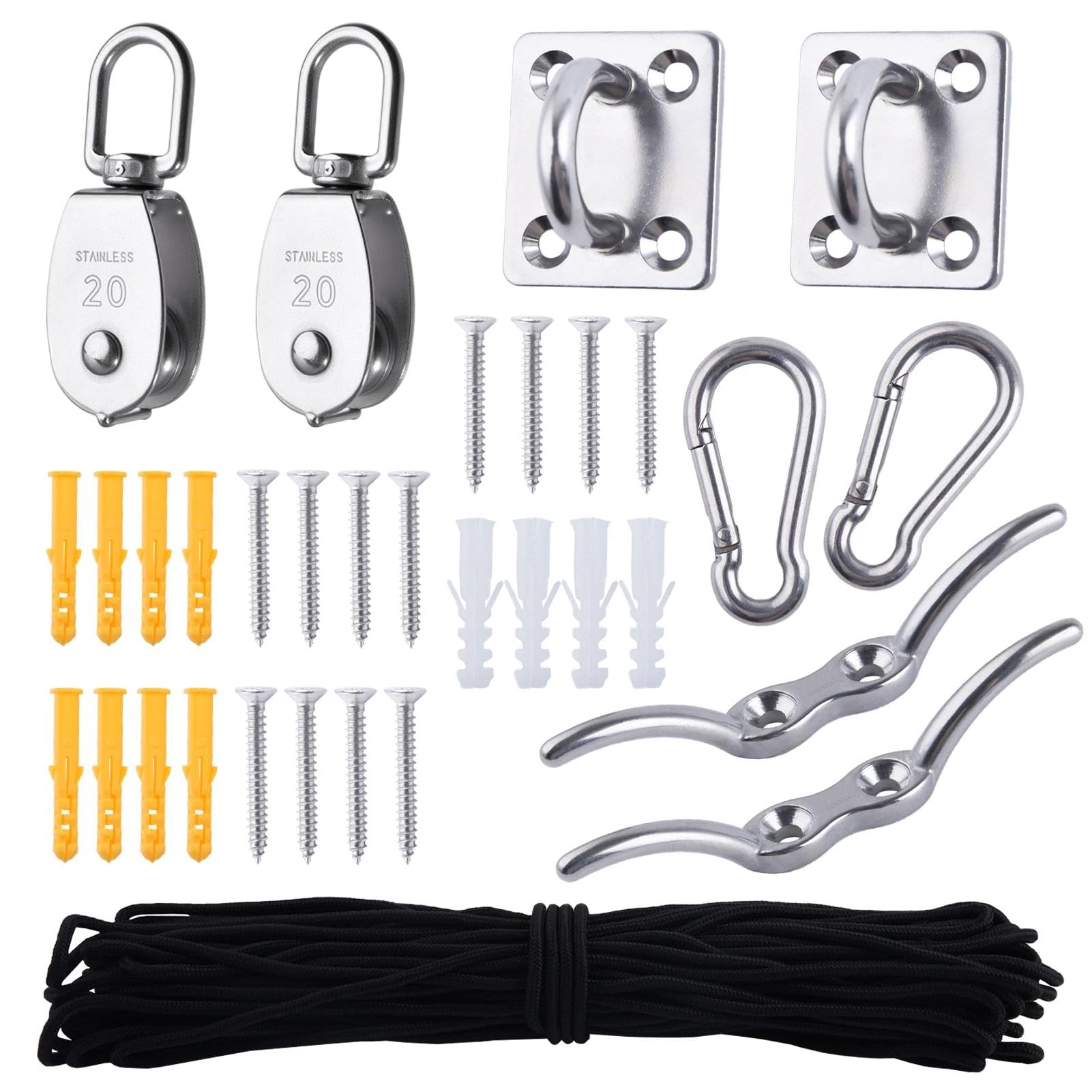 LEONTOOL Kit Poulie Simple en Acier Inoxydable 304 M20 – 9 Pièces avec Cordage Nylon, Plaque Œillet et Taquet – Système de Levage et Suspension Robustepour Garage, Bricolage et Hanging