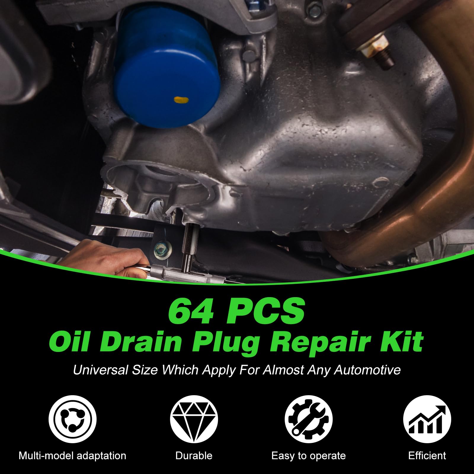 Kit di riparazione per tappo di scarico dell'olio da 64 pezzi, kit di strumenti per la riparazione della filettatura della coppa dell'olio, kit di strumenti speciali per la riparazione