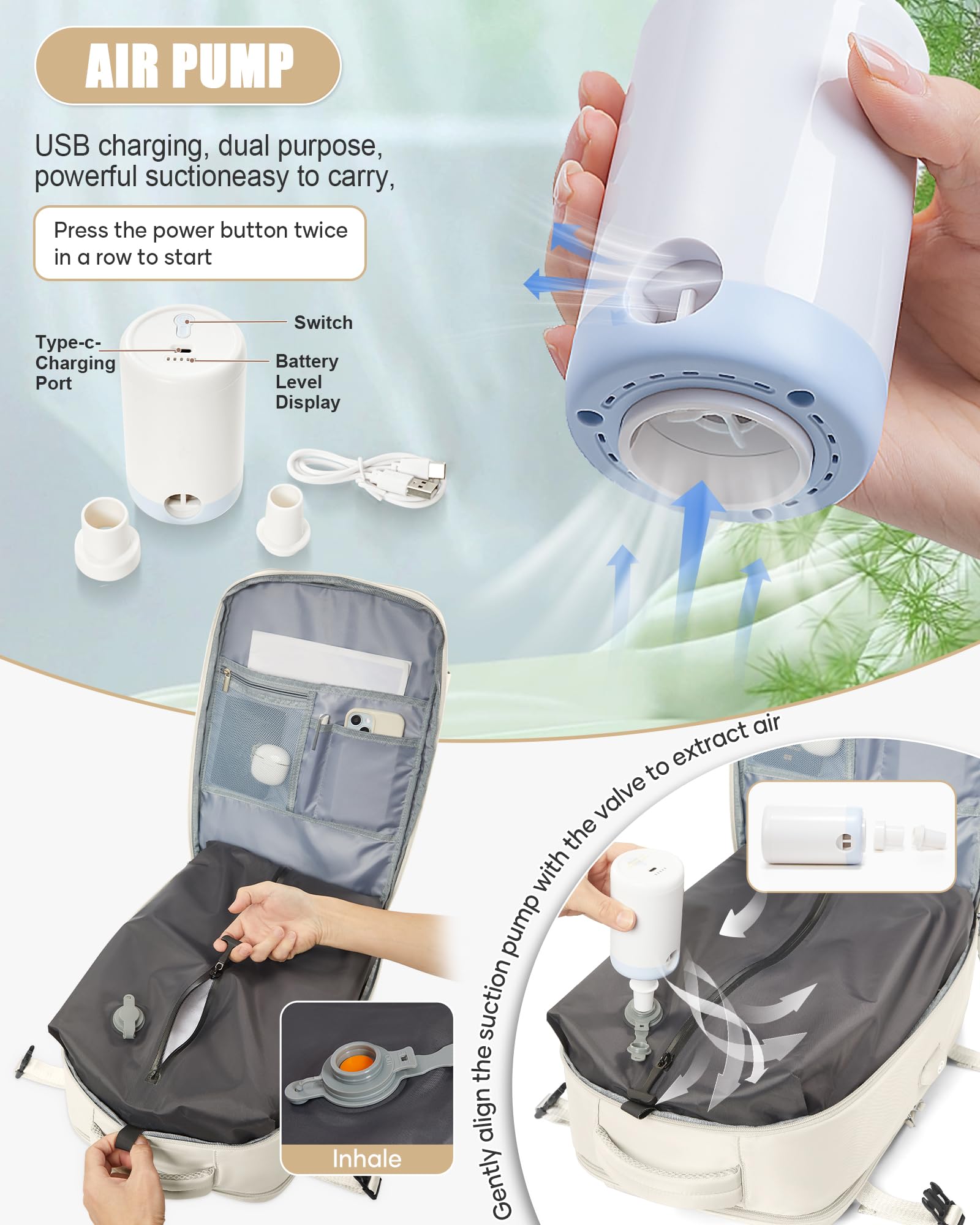 BJLFS Zaino da Viaggio con Sottovuoto Ryanair 40x30x20 Wizzair Bagaglio a mano 40x20x25 Ryanair con Pompa Borse da Cabina per Easyjet 45x36x20 con compressione sottovuoto,Zaino Casual per Laptop