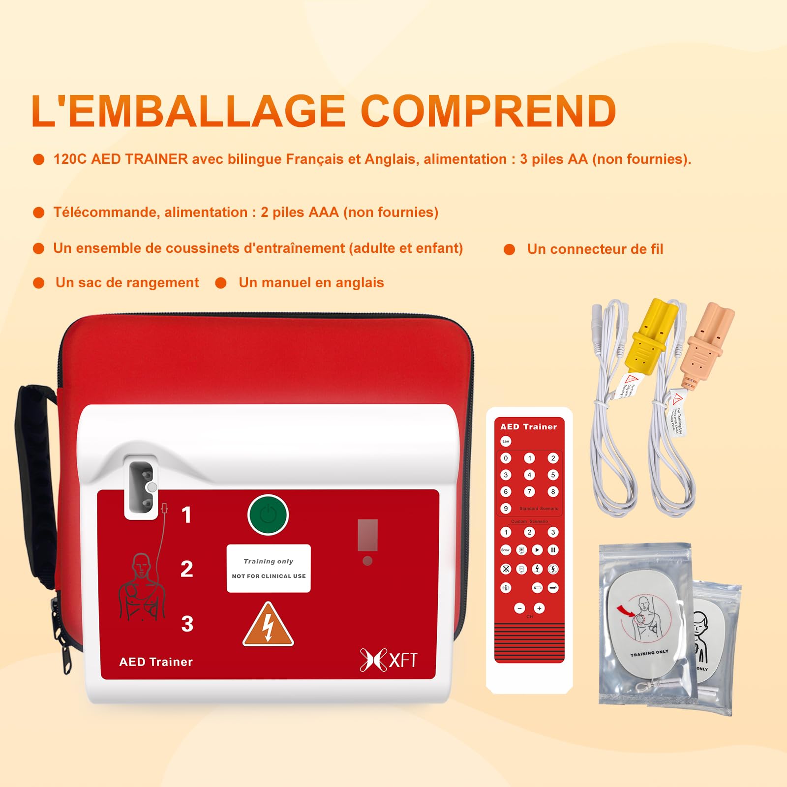 Défibrillateur de Formation - Appareil d'Entraînement de Défibrillateurs, 10 Scénarios Différents, Instructions Vocales en Français/Anglais avec Télécommande pour Formateur Défibrillateur (XFT-120C)