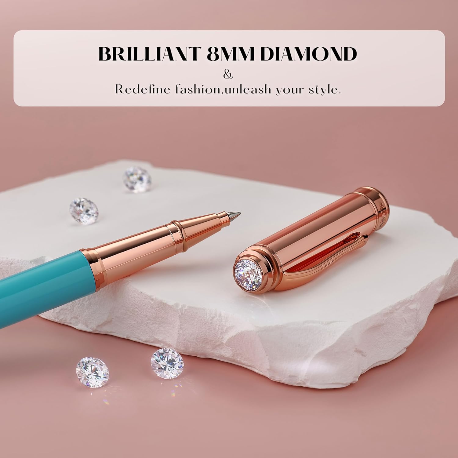 Luxury Rollerball Pen, With 8mm Brilliant diamond,Delicate Green Pen,Attractive Real Rose Gold Finish, Schmidt Black Refill,Glitter Fancy Pens Gifts for Women Wedding Office,Unique, Cute pen - Image 2