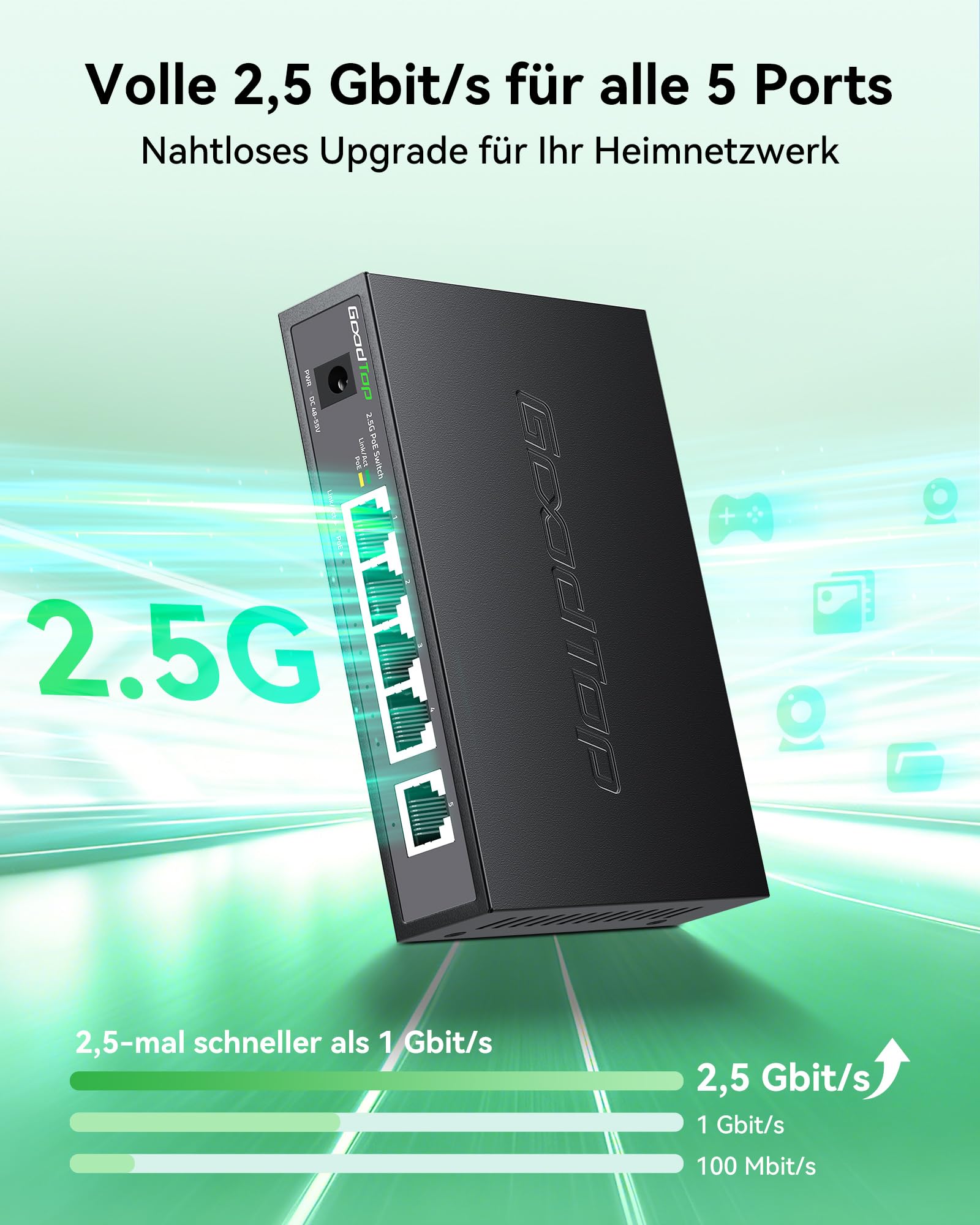 2.5 Gbit PoE+ Switch 5-Port: 4 x 2.5G PoE 30W (58W Budget), 1x 2.5G Uplink | IEEE 802.3af/at | Multi-Gigabit Netzwerk-Switch LAN Switch | Lüfterlos | Metallgehäuse | für AP, NAS, PC, IP Kamera