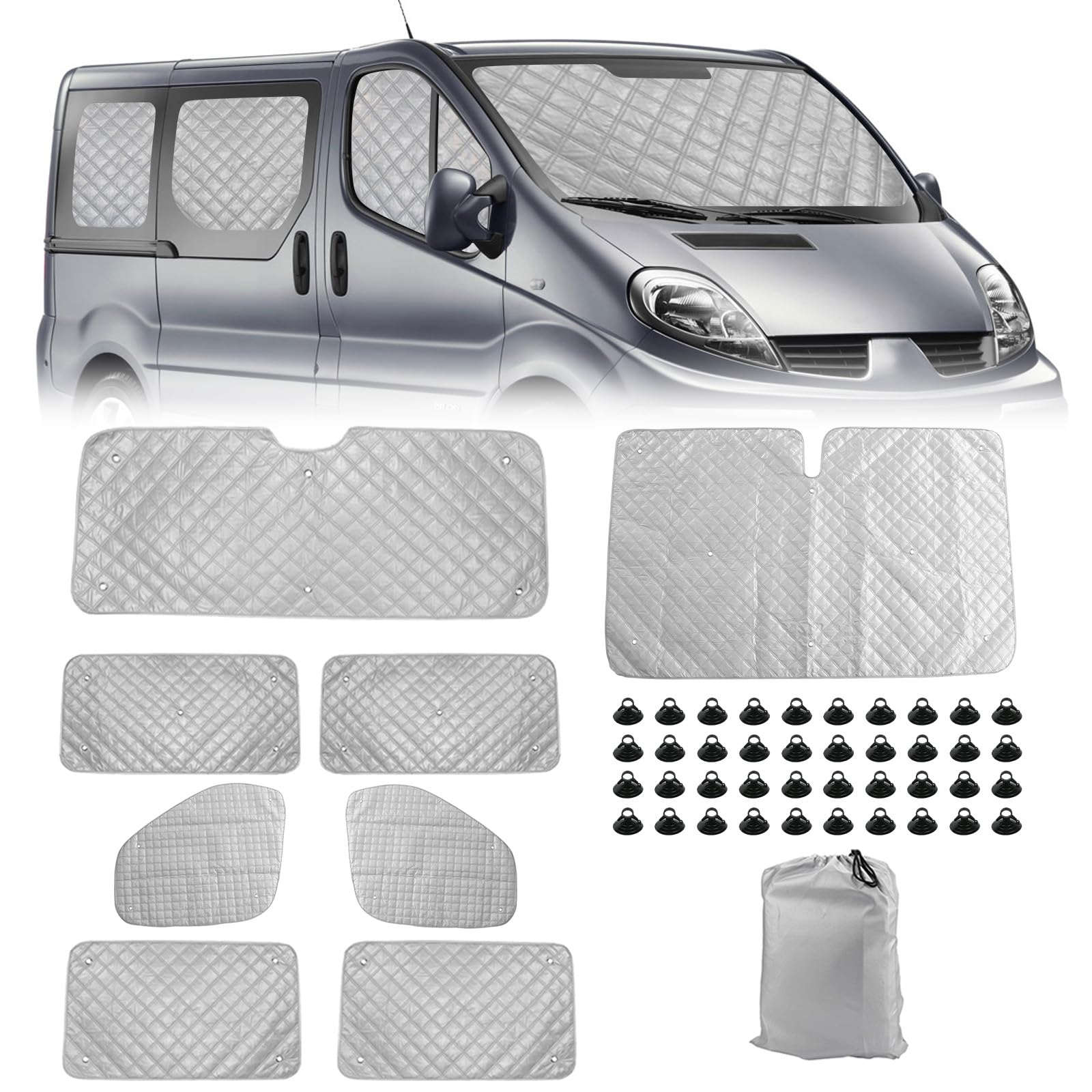 8PCS Sonnenschutz Auto Frontscheibe Ersatz für Renault Trafic 2015-2026 SWB | Thermomatte Verdunkelung Windschutzscheiben Schutz Set, Internes Thermisches Jalousie Fenster Set Aufbewahrungsbeutel