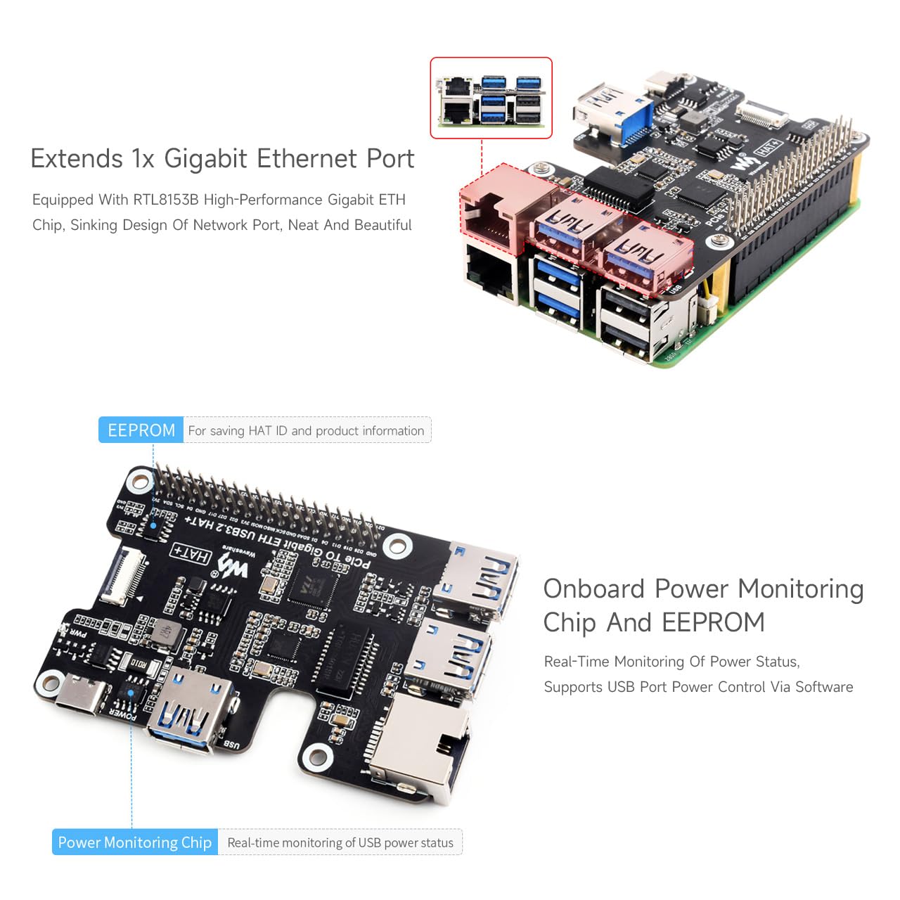 Waveshare PCIe to Gigabit Ethernet and USB 3.2 Gen1 HAT, Compatible with Raspberry Pi 5, 3X USB 3.2 Gen1, 1x Gigabit Ethernet, Driver-Free, Plug and Play