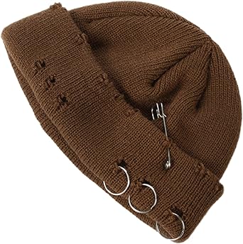 Hip-hop Slouchy Ripped Knitted Hat Unisex Metal Ring Skull Caps Hat