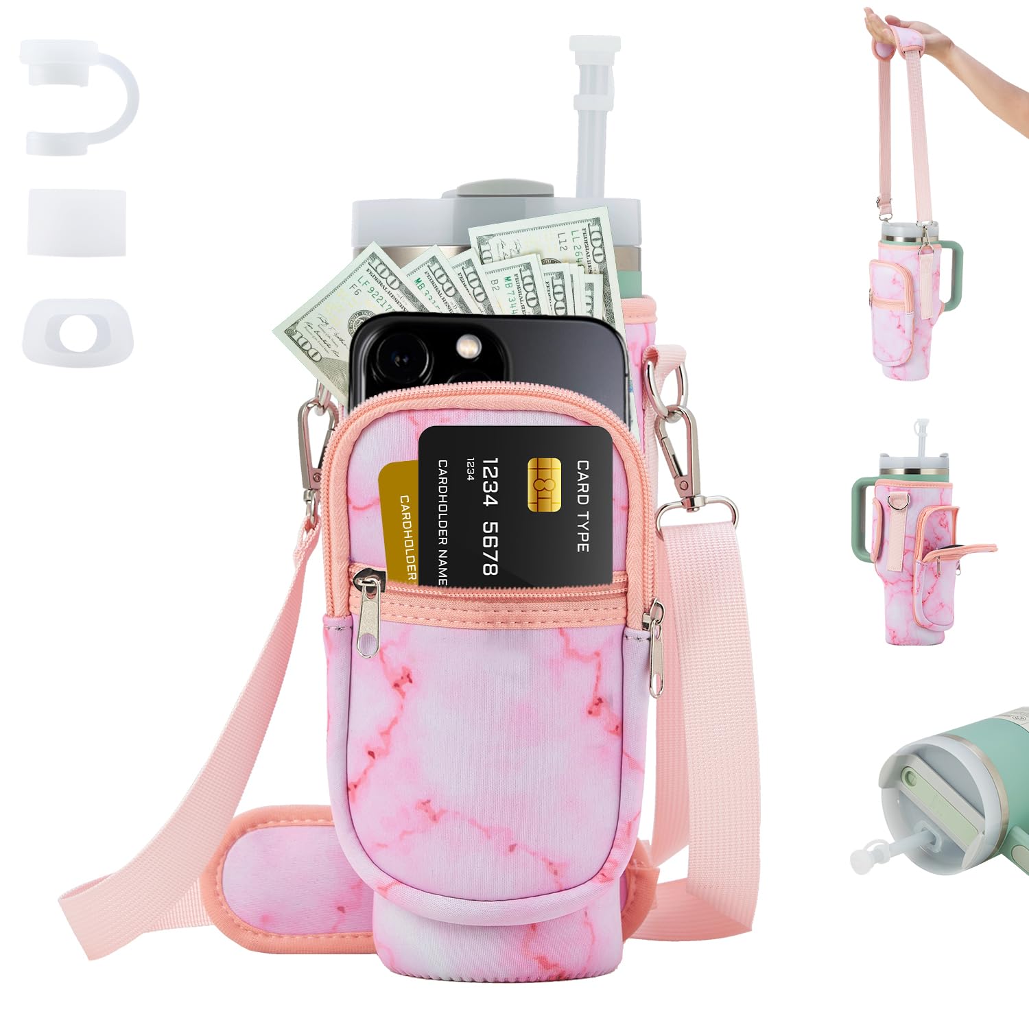 Lucky Goddness Water Bottle Carrier Bag for Stanley Cup,Pink 40 Oz Tumbler Bag with Adjustable Shoulder Strap,Spill-Proof Silicone for Stanley Accessories