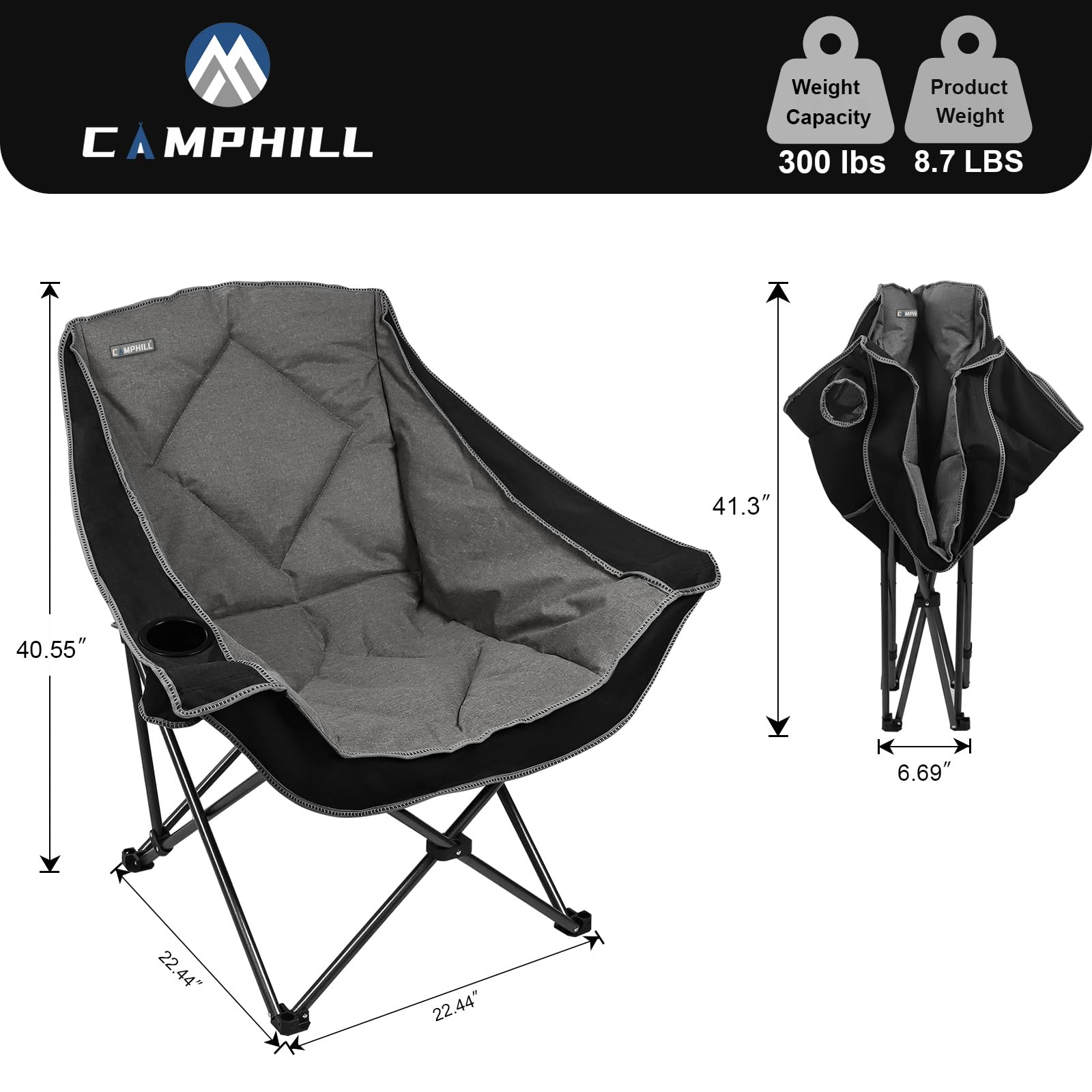 CAMPHILL Folding Camping Chair,Oversized Portable Camping Chair with Cup Holder,Heavy Duty Padded Lawn Chair for Camping, Tailgates, Beach, and Sports