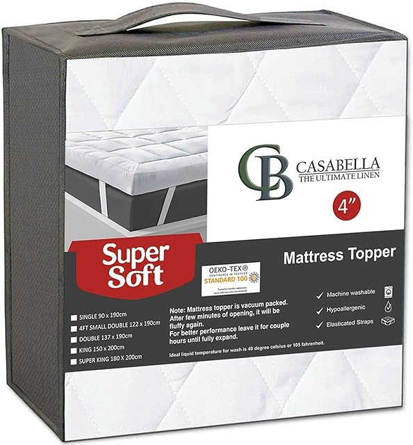 Casabella Small Double Mattress Topper 4 Inch(10 cm) thick Super Soft Hypoallergenic Breathable Mattress Topper is Box Stitched with Elasticized Corner Strap Small Double Mattress Topper 122x190+10cm