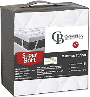 Casabella Single Mattress Topper 4 Inch (10 cm) thick Super Soft Hypoallergenic Breathable, Mattress Toppers are Box Stitched with Elasticized Corner Strap Single Mattress topper 90x190+10cm