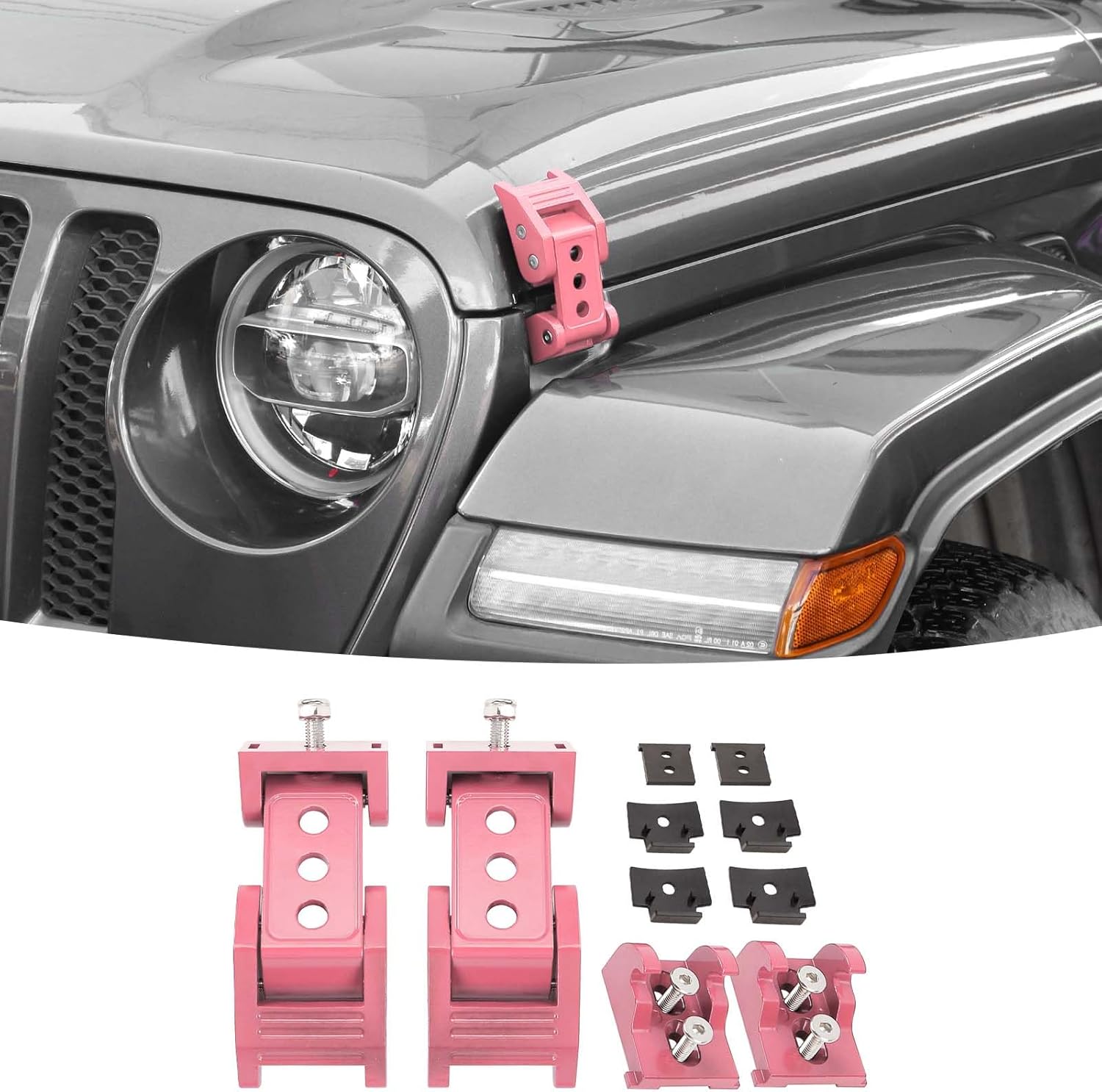 Hood Latch Stainless Steel Hood Catch Kit Compatible with 2007-2018 Jeep Wrangler JK JKU/for 2018-2025 JL JLU & Jeep Gladiator JT(Pink)