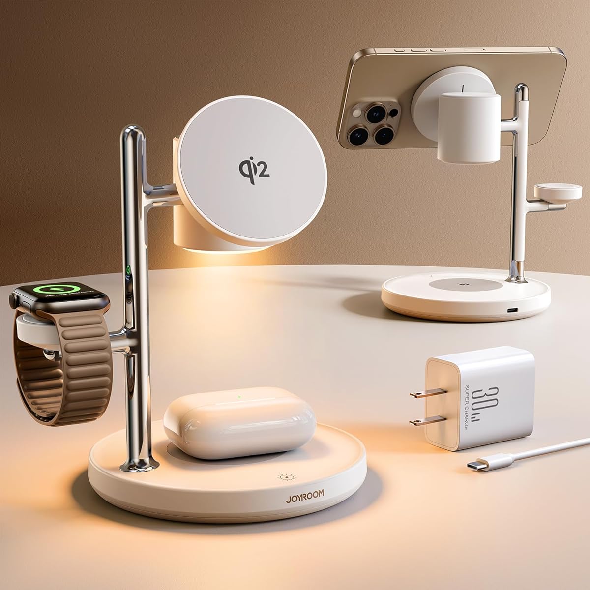 15W MagSafe for JOYROOM, Fast Qi2 Certified 4-in-1 MagSafe Charging Station for Apple, Wireless Charger for iPhone 17/16/15 Pro Max, Pixel 10/9, iWatch, AirPods 4/3/2/Pro(Cable& 30W Adapter Included)