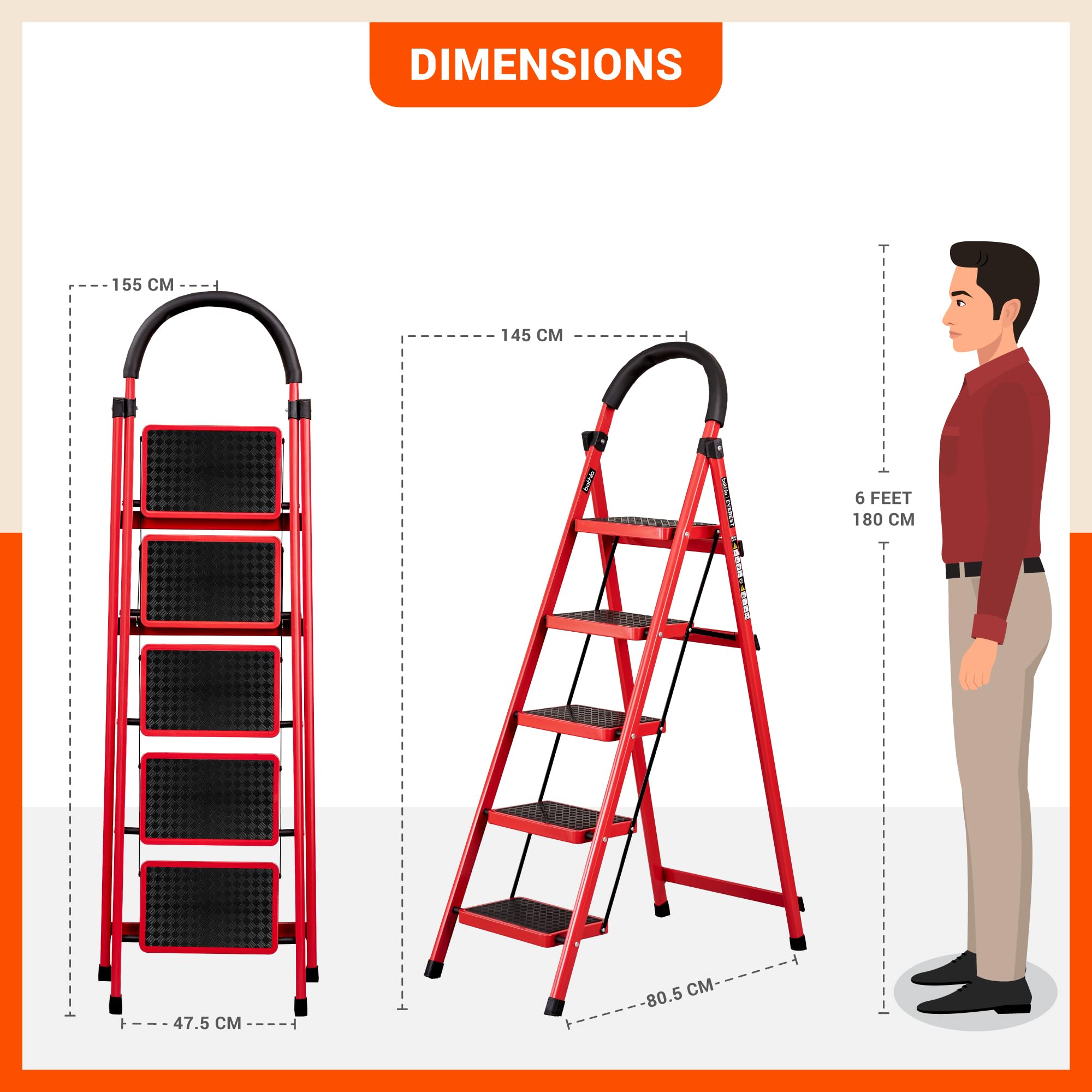 Bathla Everest 5-Step Steel Ladder with Safety Hand Grip | Anti-Skid Wide Steps (30L x 20W cm) | Lightweight, Foldable Ladder for Home & Office | 150Kg Load Capacity | 2 Year Warranty (Red) — Amazon image 5