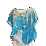 Women's Vintage Linen Tops Short Sleeve Boho Summer Graphic Tees Tunic Shirts Casual Loose Button Blouses