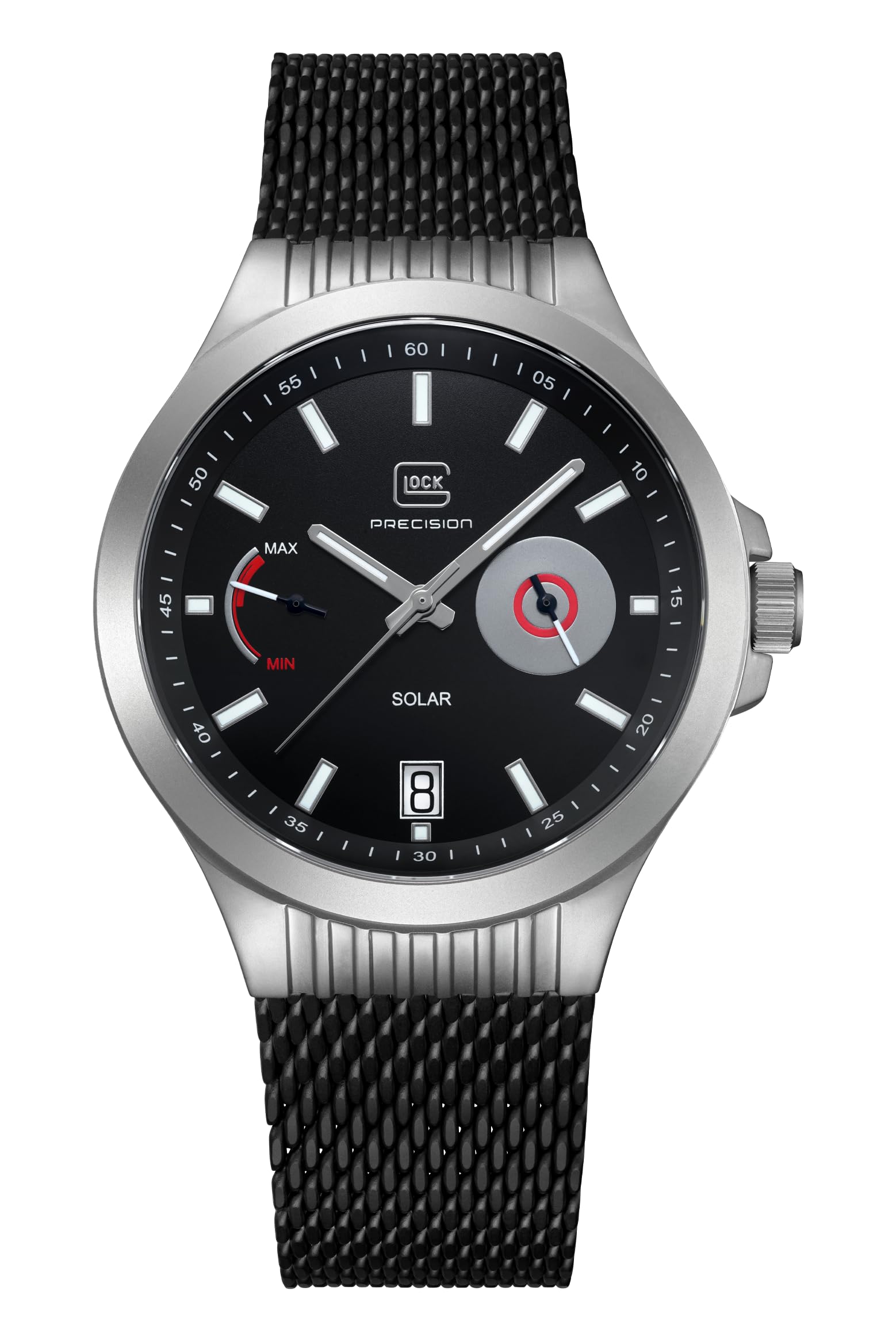 GLOCK Herren Solar Quarz Uhr 42mm Gehäuse, silbernes Edelstahlgehäuse, schwarzes Zifferblatt, schwarzes Mesharmband, 10ATM, Gangreserveanzeige