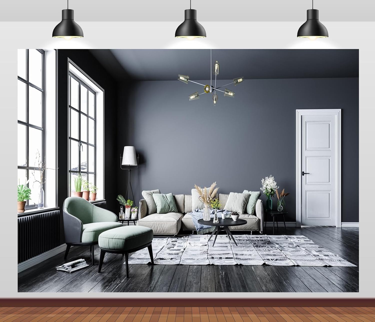 9x6ft Fabric Modern Interior Room Backdrop Living Room French Window Sofa and Plants Decor Gray Wall Background for Home Office Wall Decor Zoom Meeting Video Conferencing Photo Studio Props