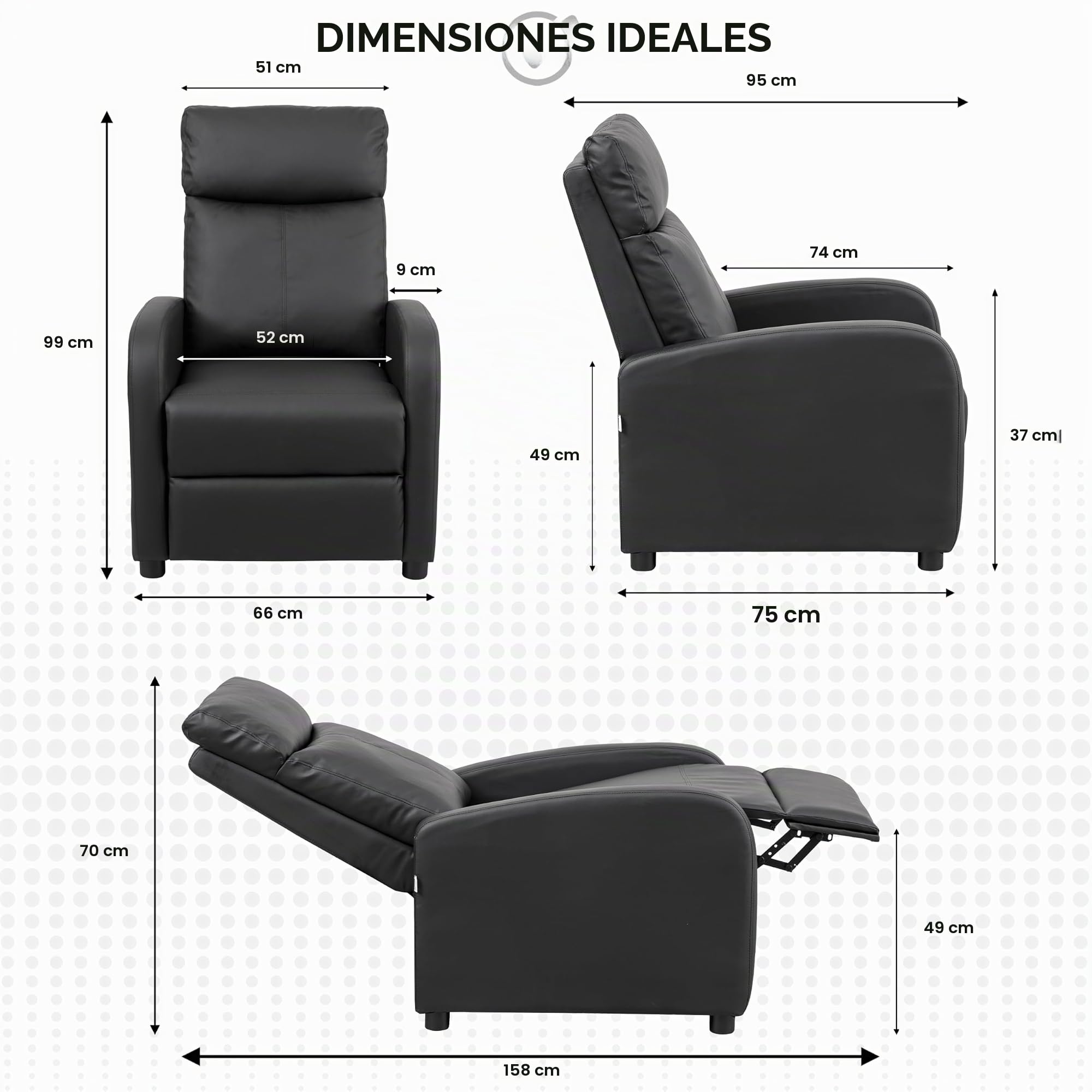 Baroni Home Sillón reclinable de Espuma Suave, con Respaldo reclinable, reposapiés, pies Antideslizantes, sillón reclinable Relajante, fácil de Montar, cómodo, Negro, 66x75x99 cm (Pusch-Back)