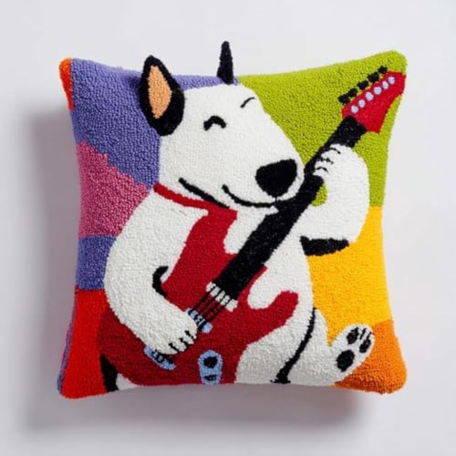 kitphoenix DIY Cushion Cover Kit for Adults Beginners,Bull Terrier Dog Playing Guitar,Latch Hook Craft Set for Women with Pre-Cut Yarn and Hook,43x43 cm