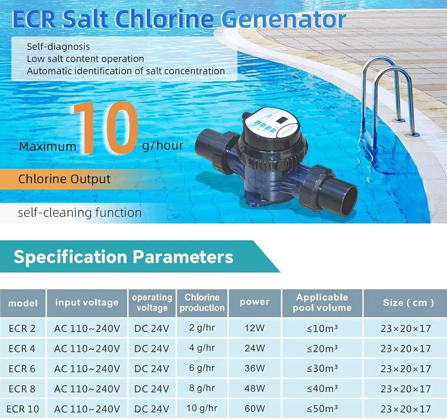 Generador De Cloro Salino,Monitoreo De Temperatura 6g | Generador De Placa Ti,Control Wifi,Aviso Caudal Escaso,Salida Ajustable 10g/H,Para Piscinas Y Spa,Tratamiento De Agua