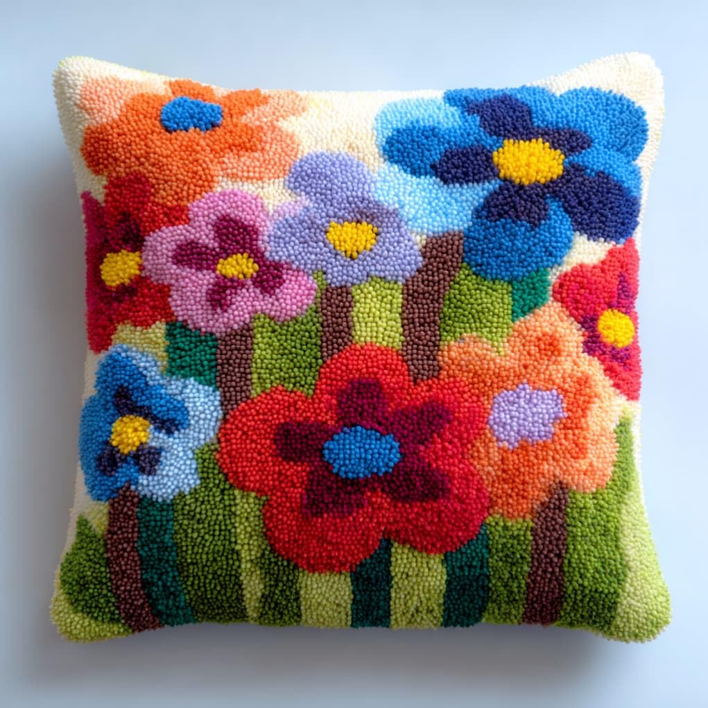 AxiangziK Latch Hook Pillow Kit for Adults,Flowers 17X17In Latch Hook Kit for Pillow Cover with Instruction for Beginner Cross Stitch Sofa Cushion Cover with Crochet Yarn for Beginners and Home Decor