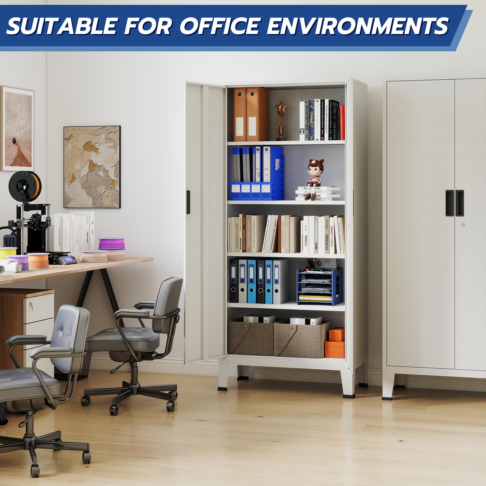 YOUDENOVA Armario archivador de metal de 180 x 80 x 40 con cerradura con 2 puertas, armario multiusos con 5 niveles, armario multiusos con estantes ajustables, color blanco