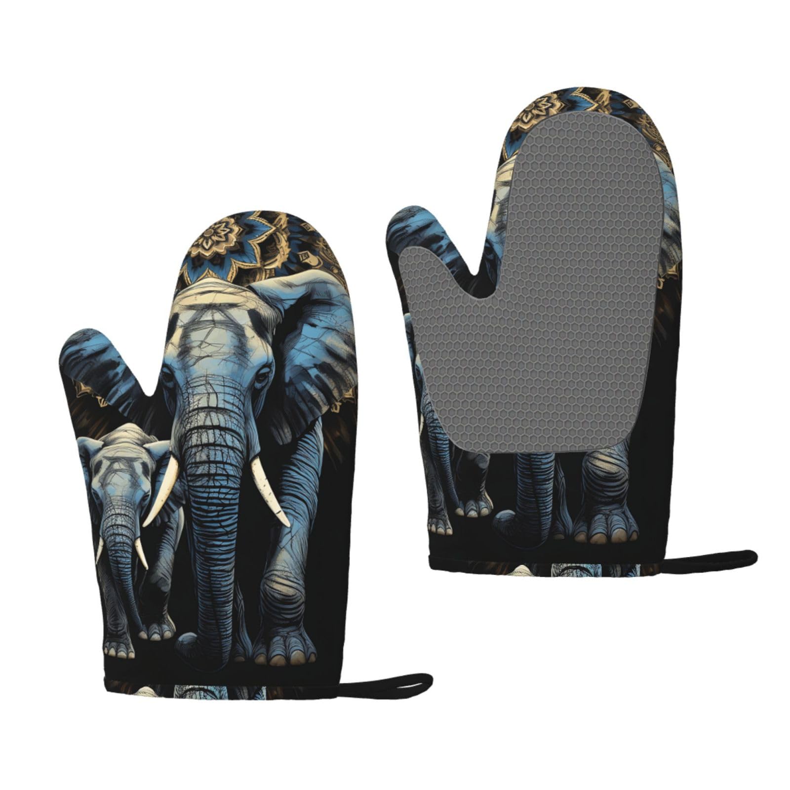 Oven Mitts Sets of 2 Heat Resistant Kitchen Gloves Two elephants Oven Mitts BBQ Oven Gloves Non-Slip Silicone Oven Mitts Waterproof Cooking Safety Gloves for Kitchen Baking Cooking