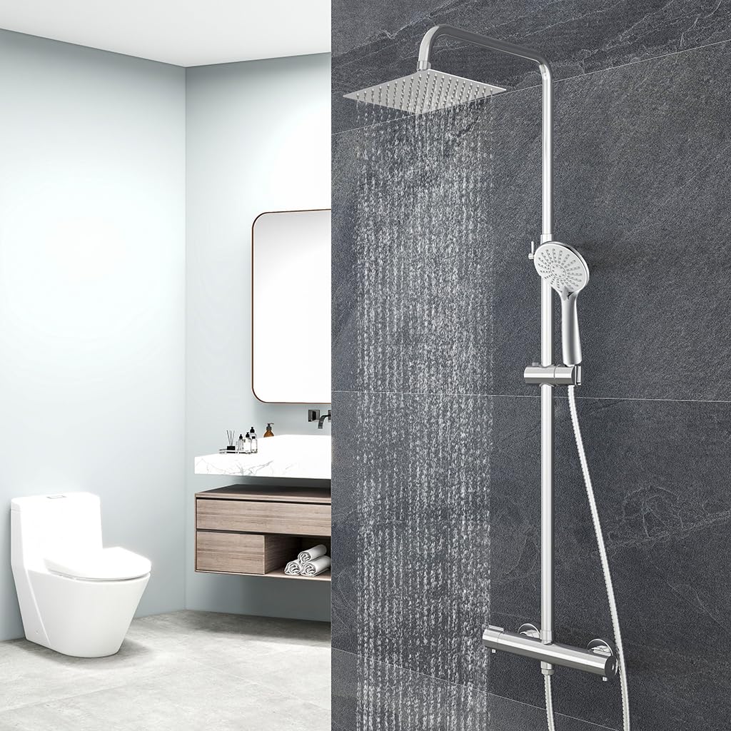 OCEAN ITALY Colonna Doccia con Rubinetto Termostatico, Miscelatore Doccia Soffione Doccia Quadrato in Acciaio Inox 20x20cm, Doccetta Tonda da 108mm, Altezza Regolabile 735-1170mm Cromo