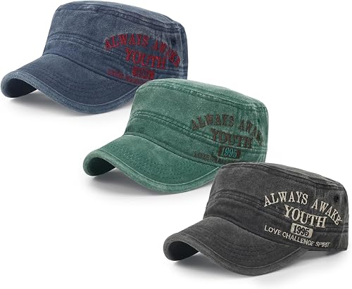 Qlauca 3Pcs Cadet Military Hat Washed Cotton Adjustable Flat Cap for Men