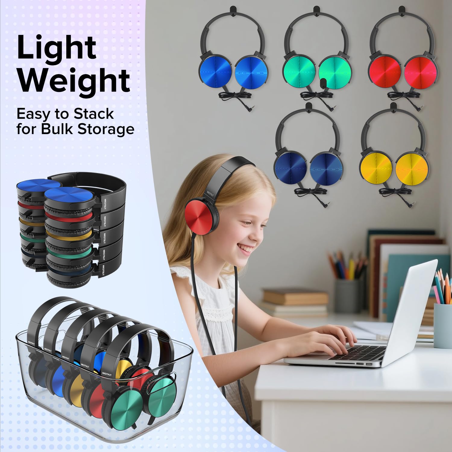 Cuffie per bambini, confezione da 5 pezzi, colori misti, cuffie on-ear premium per studenti, comode cuffie girevoli per aule, scuole, biblioteche, aeroplani, suono stereo con jack da 3,5 mm