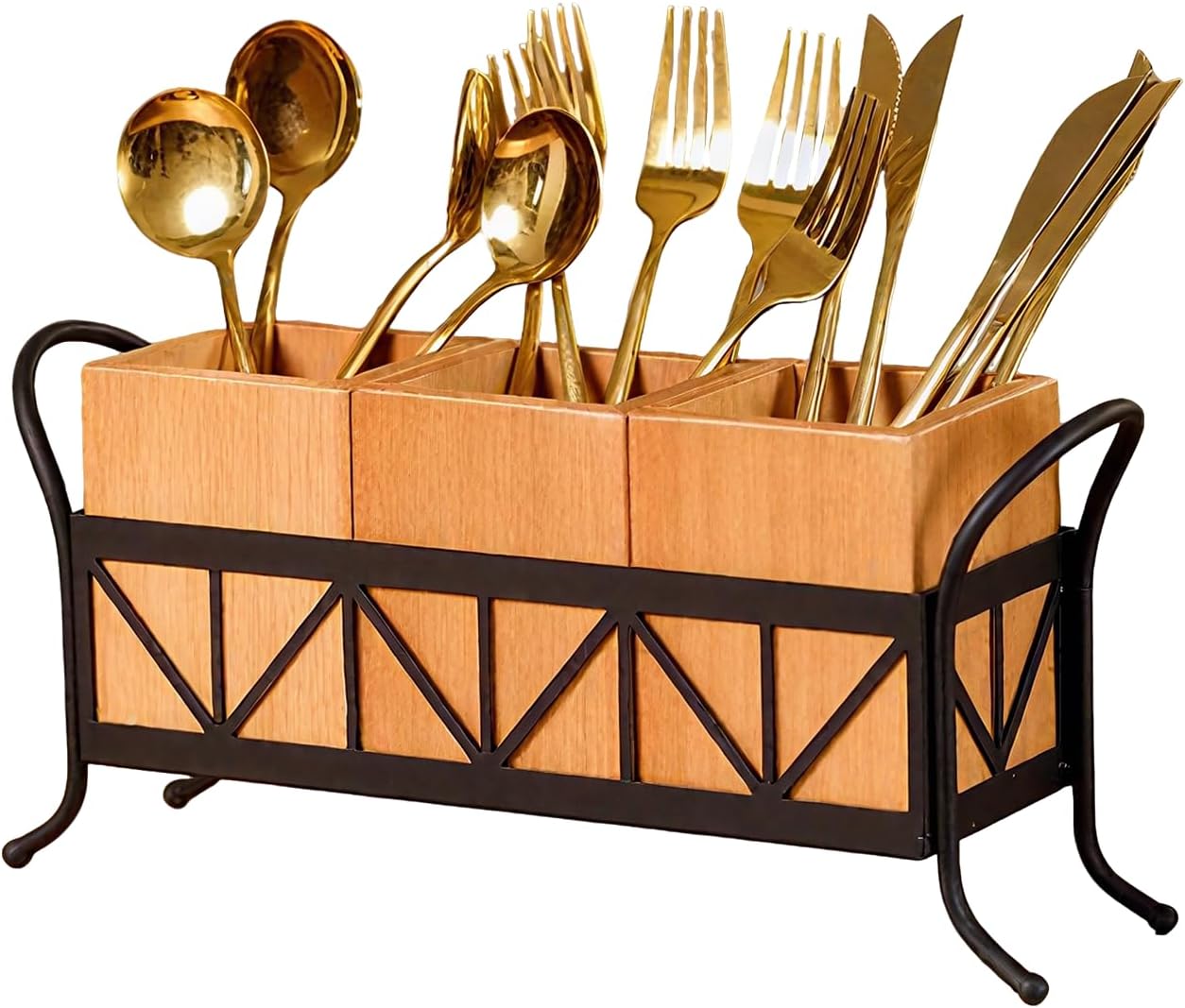 Garvee Acacia Wood Utensil Holder, Waterproof Wooden Flatware Caddy Silverware Holder with 3 Detachable Compartments & Handles, Fork Spoon Knife Organizer for Party BBQ